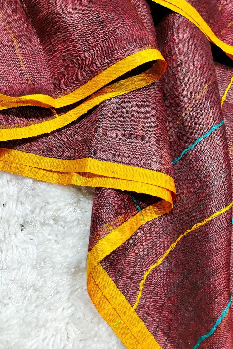 maroon pure linen kantha woven saree - linenworldonline.in