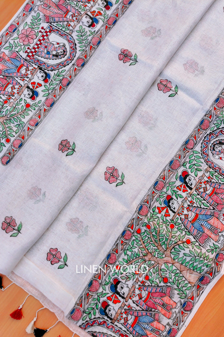 nidhi - madhubani painted pure linen saree with pochampally ikat blouse | linenworldonline.in