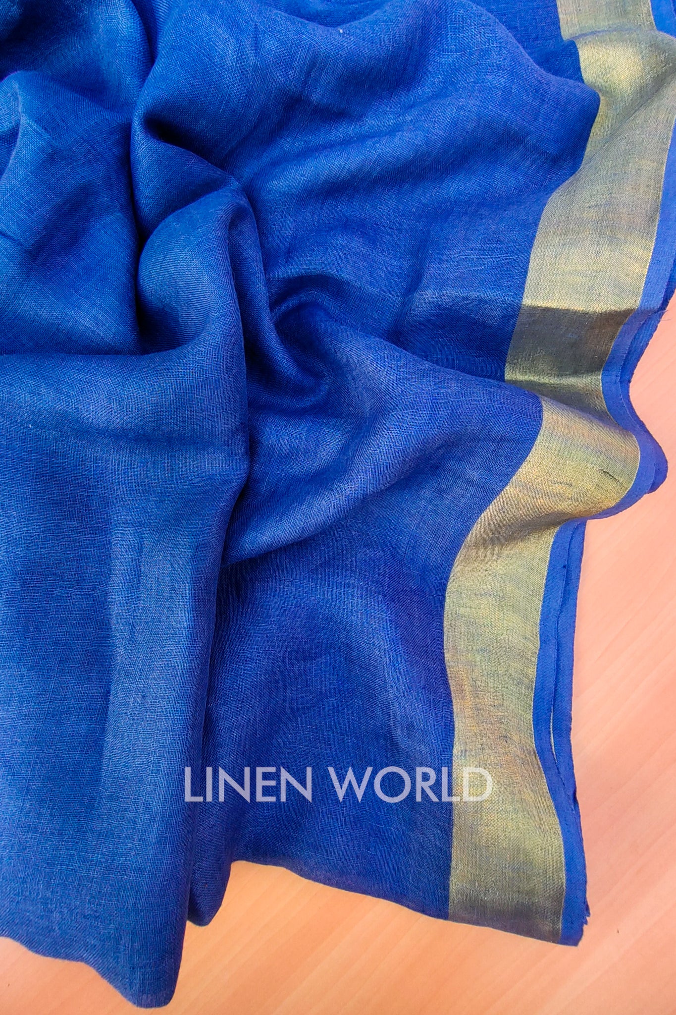 blue pure linen sari - linenworldonline.in