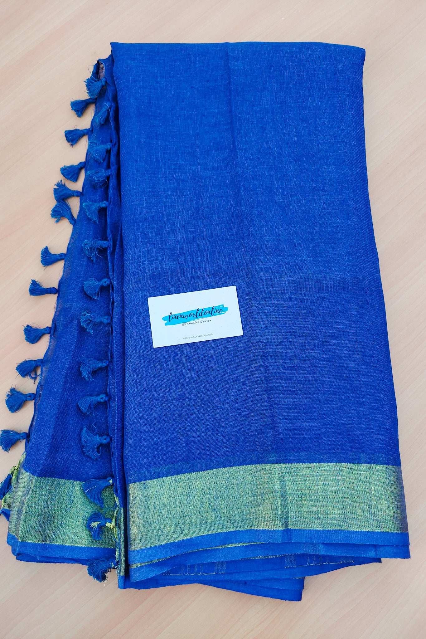 blue pure linen sari - linenworldonline.in