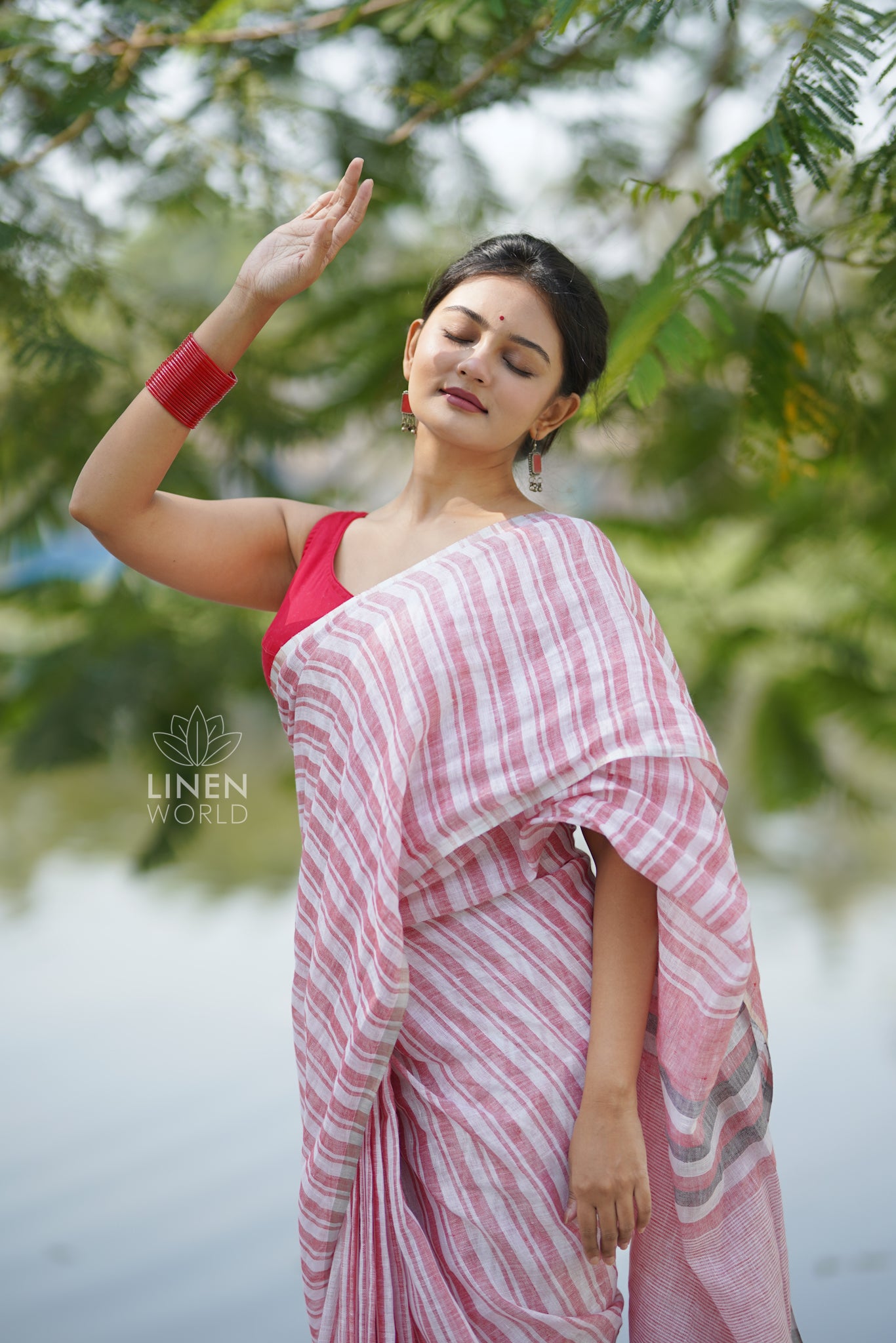 red white handloom pure linen saree - linen world