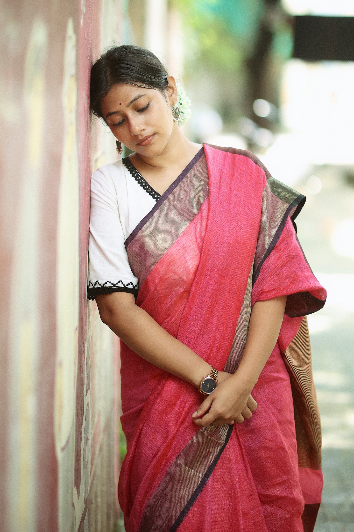 dual tone pink organic linen saree - linenworldonline.in