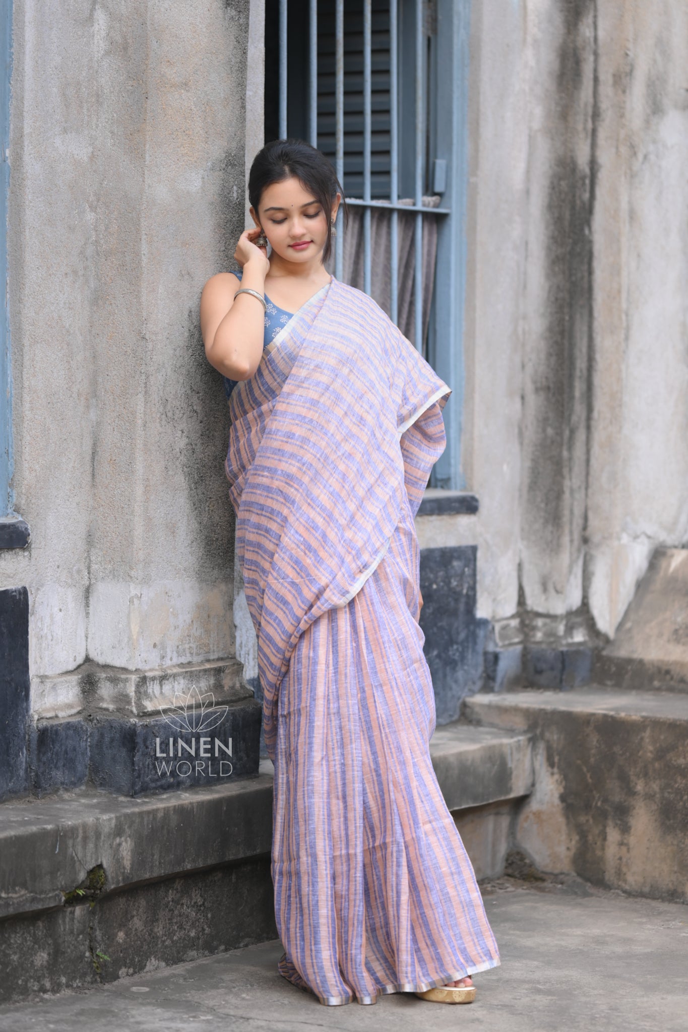 blue khaki handloom pure linen saree - linen world