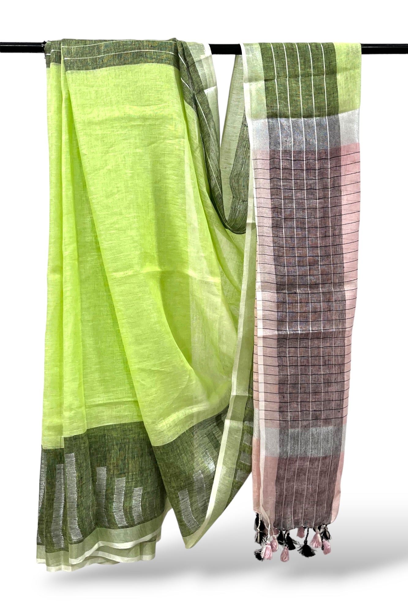 green dobby woven pure linen saree - linenworldonline.in