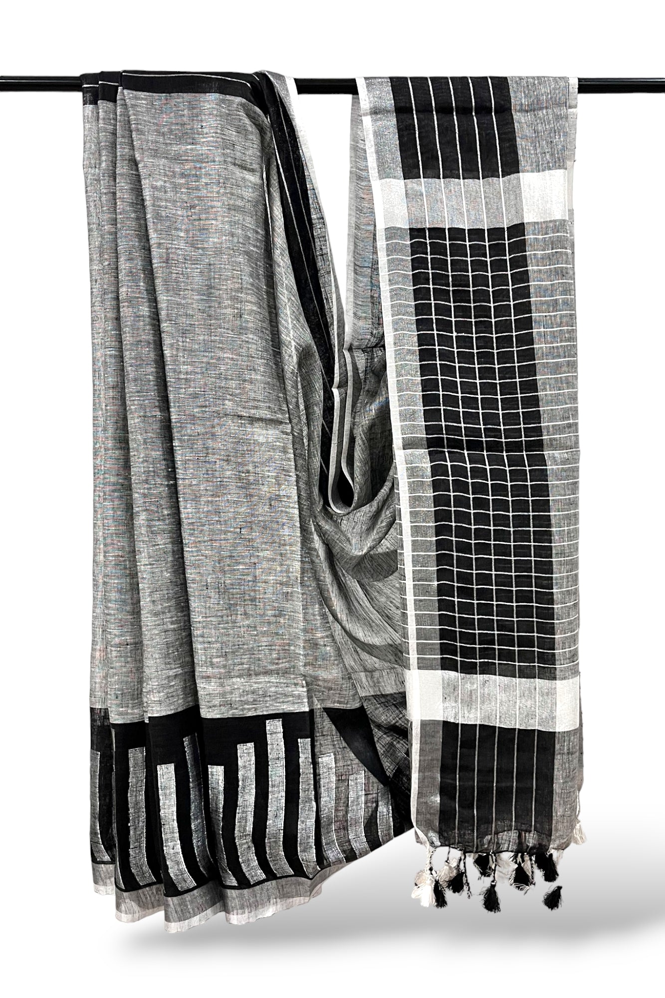 grey dobby woven pure linen saree - linenworldonline.in