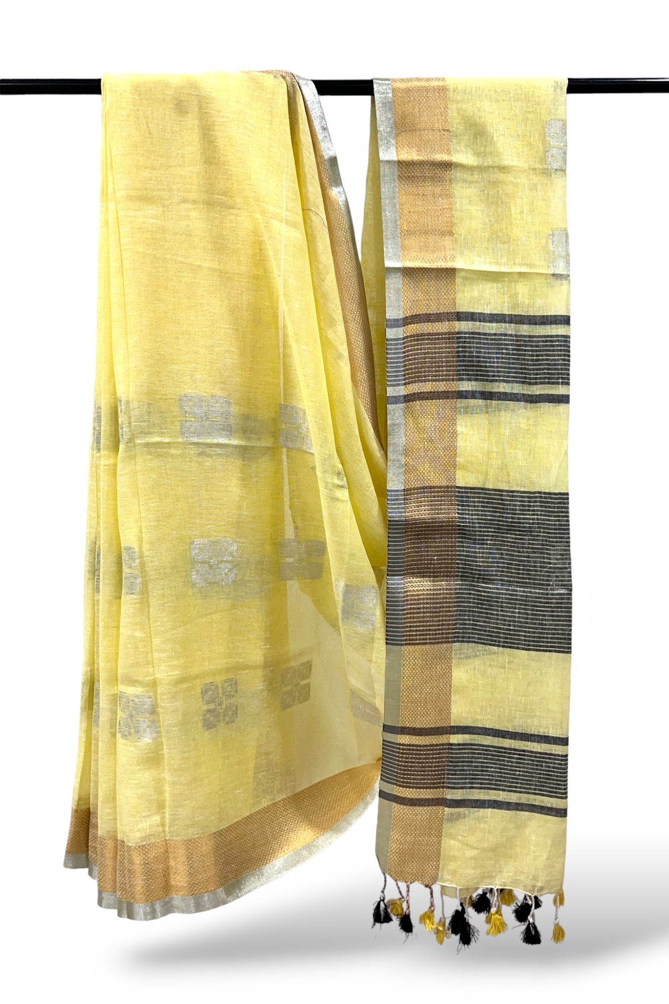 pale yellow dobby woven pure linen saree - linenworldonline.in