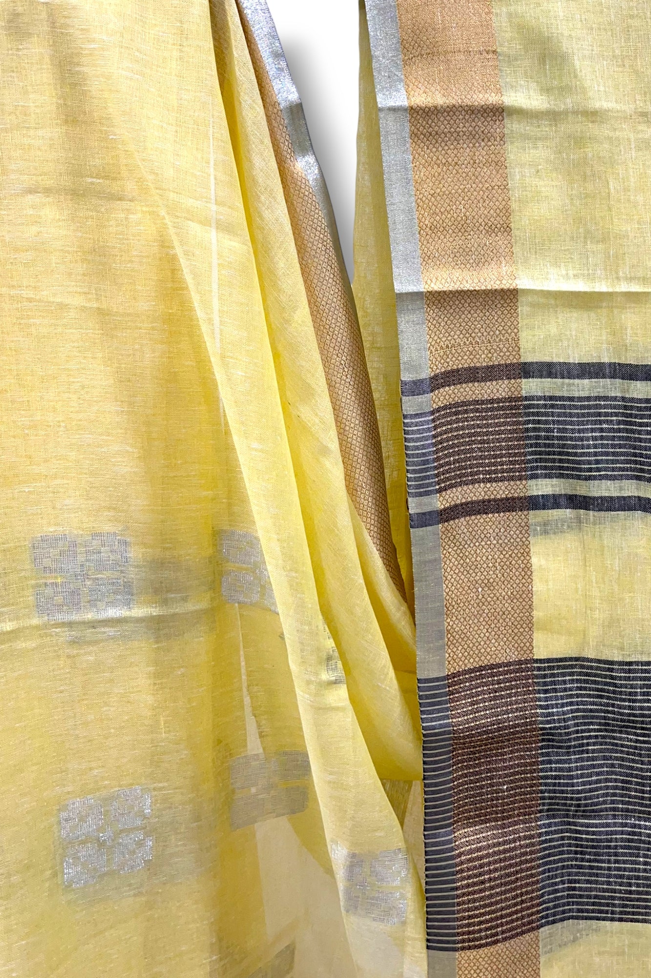 pale yellow dobby woven pure linen saree - linenworldonline.in