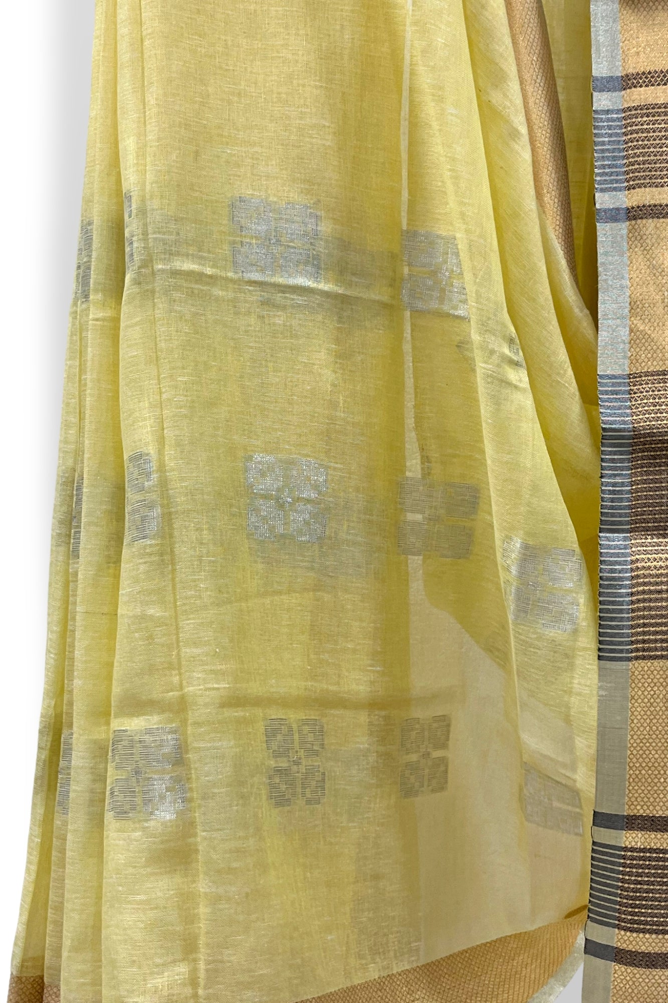 pale yellow dobby woven pure linen saree - linenworldonline.in