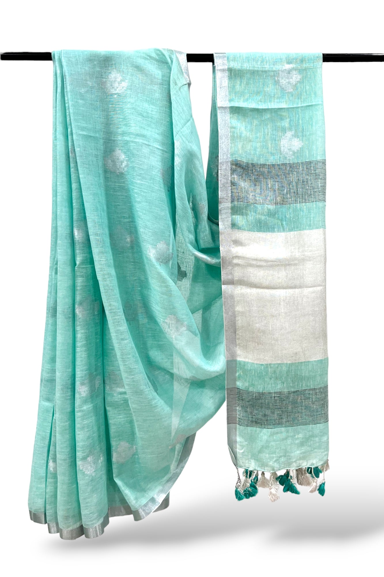 aqua blue dobby woven pure linen saree - linenworldonline.in