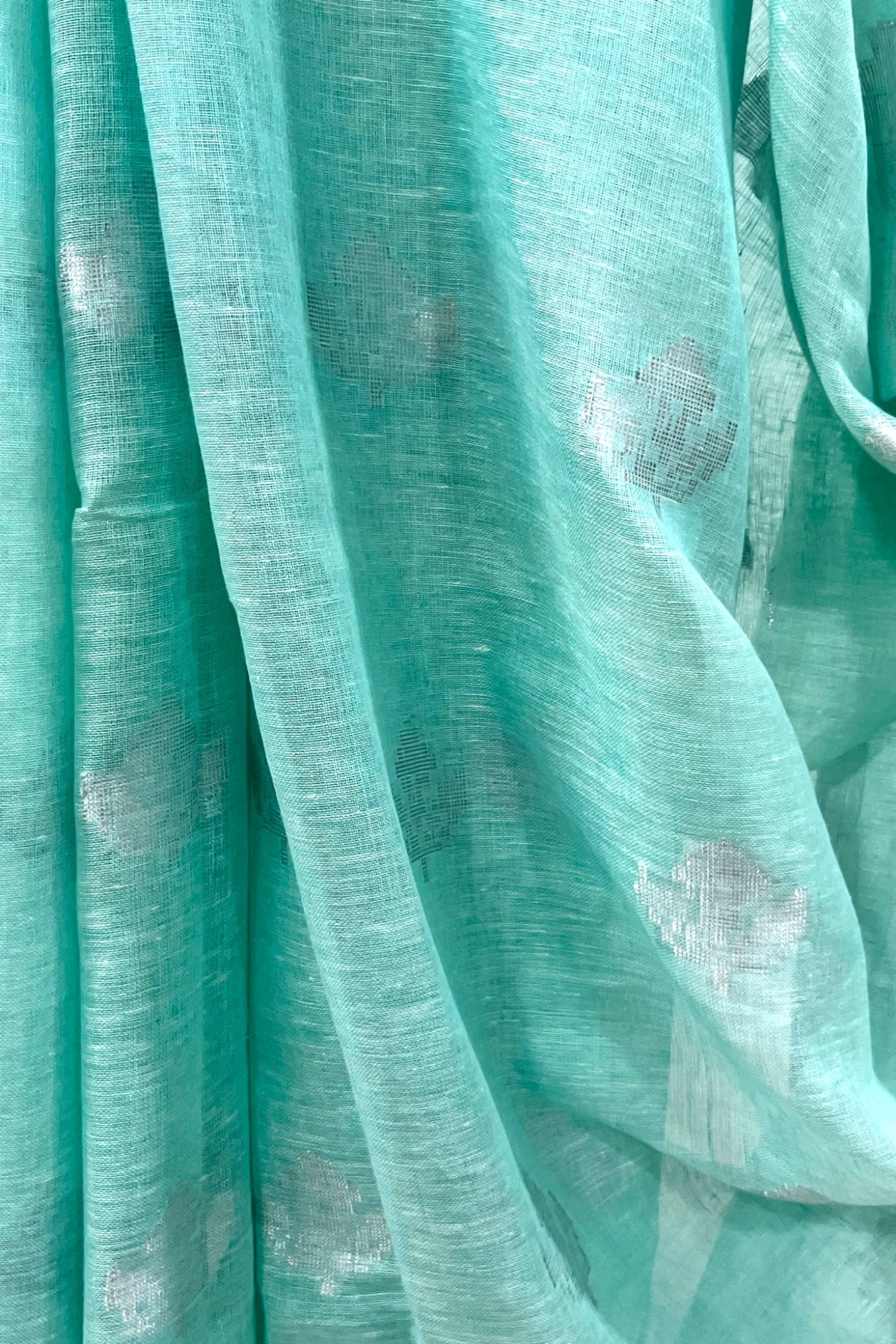 aqua blue dobby woven pure linen saree - linenworldonline.in