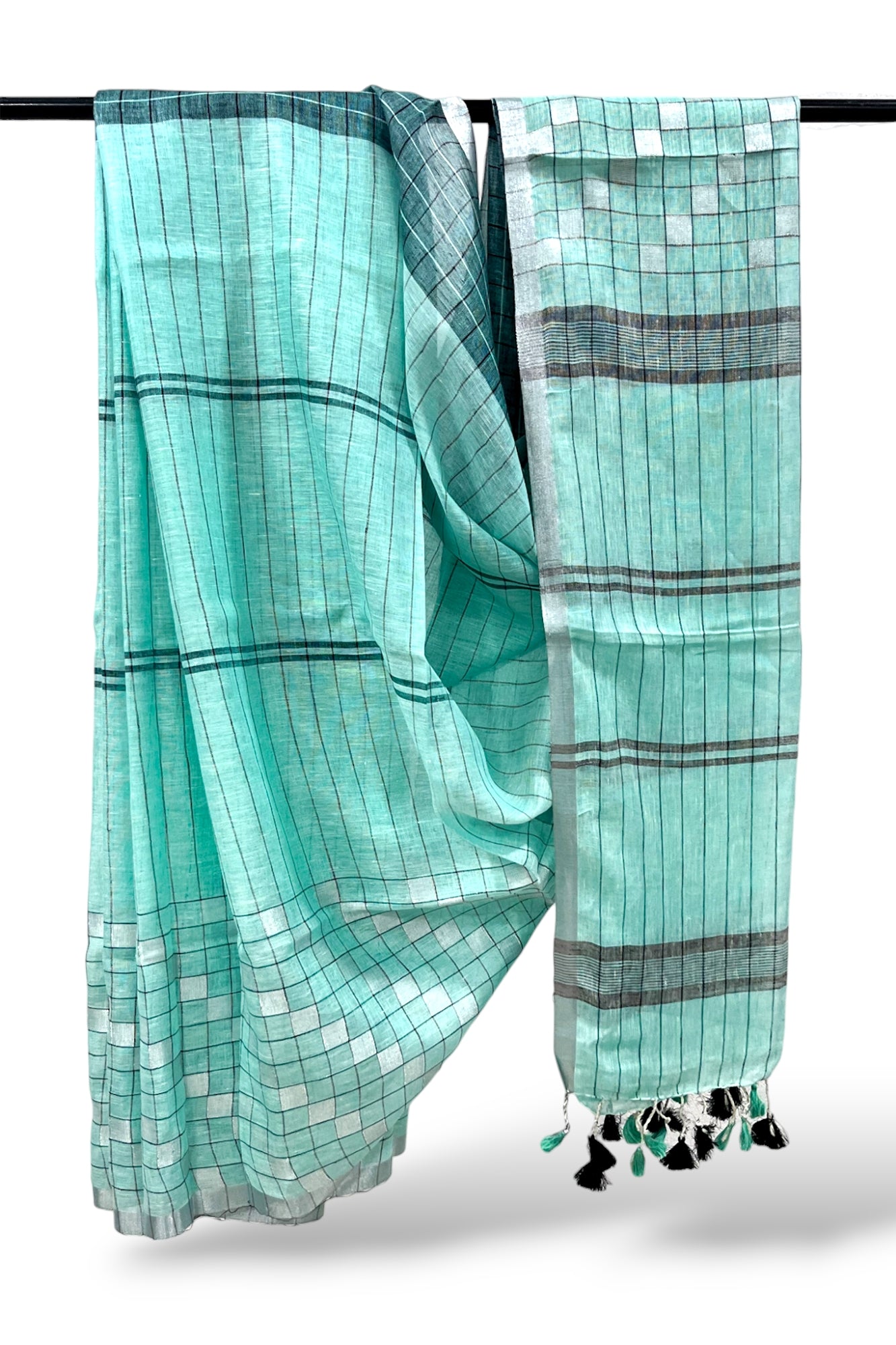 aqua blue dobby woven pure linen saree - linenworldonline.in