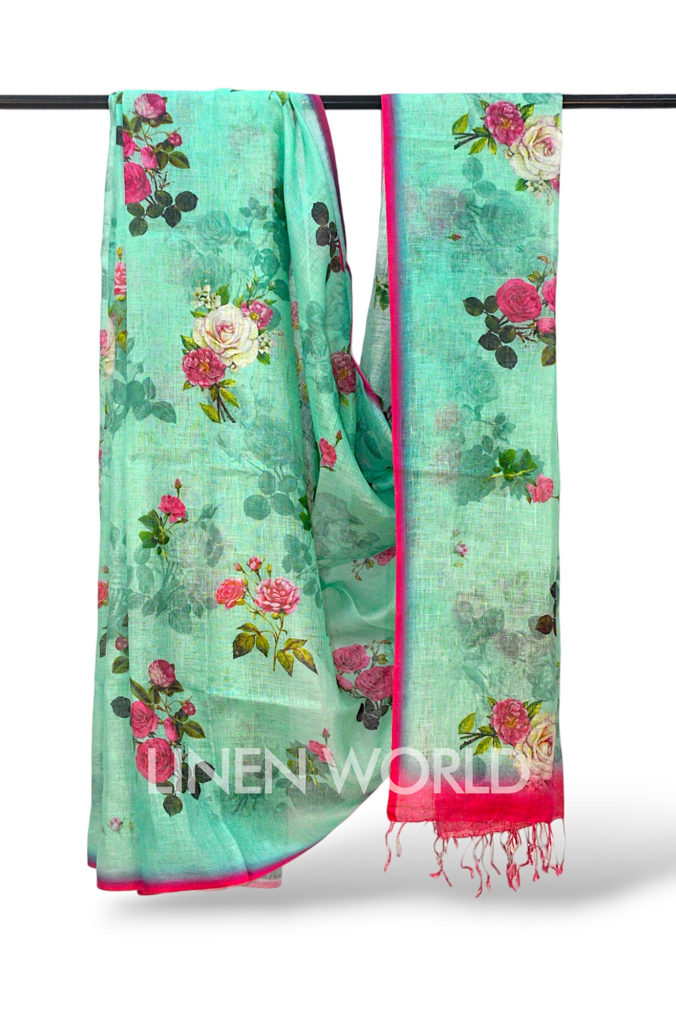 fariah: green digital printed pure linen sari - linenworldonline.in