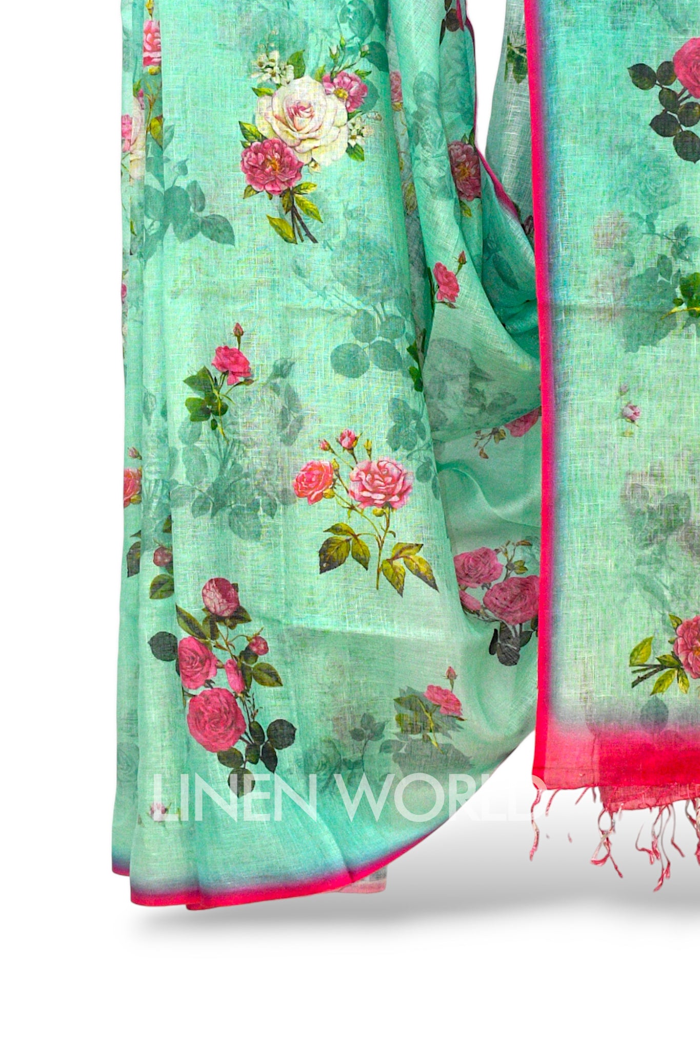 fariah: green digital printed pure linen sari - linenworldonline.in