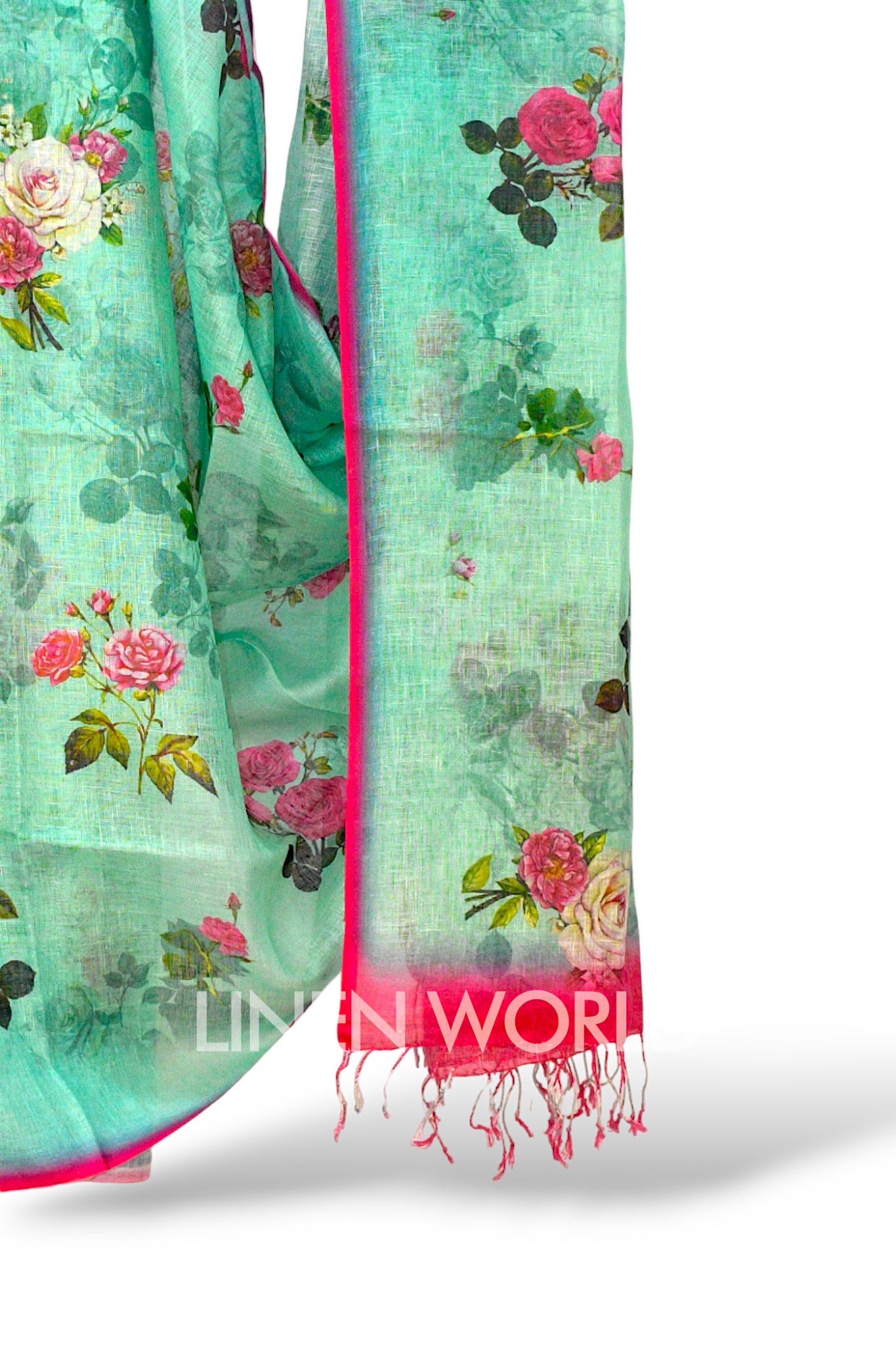 fariah: green digital printed pure linen sari - linenworldonline.in