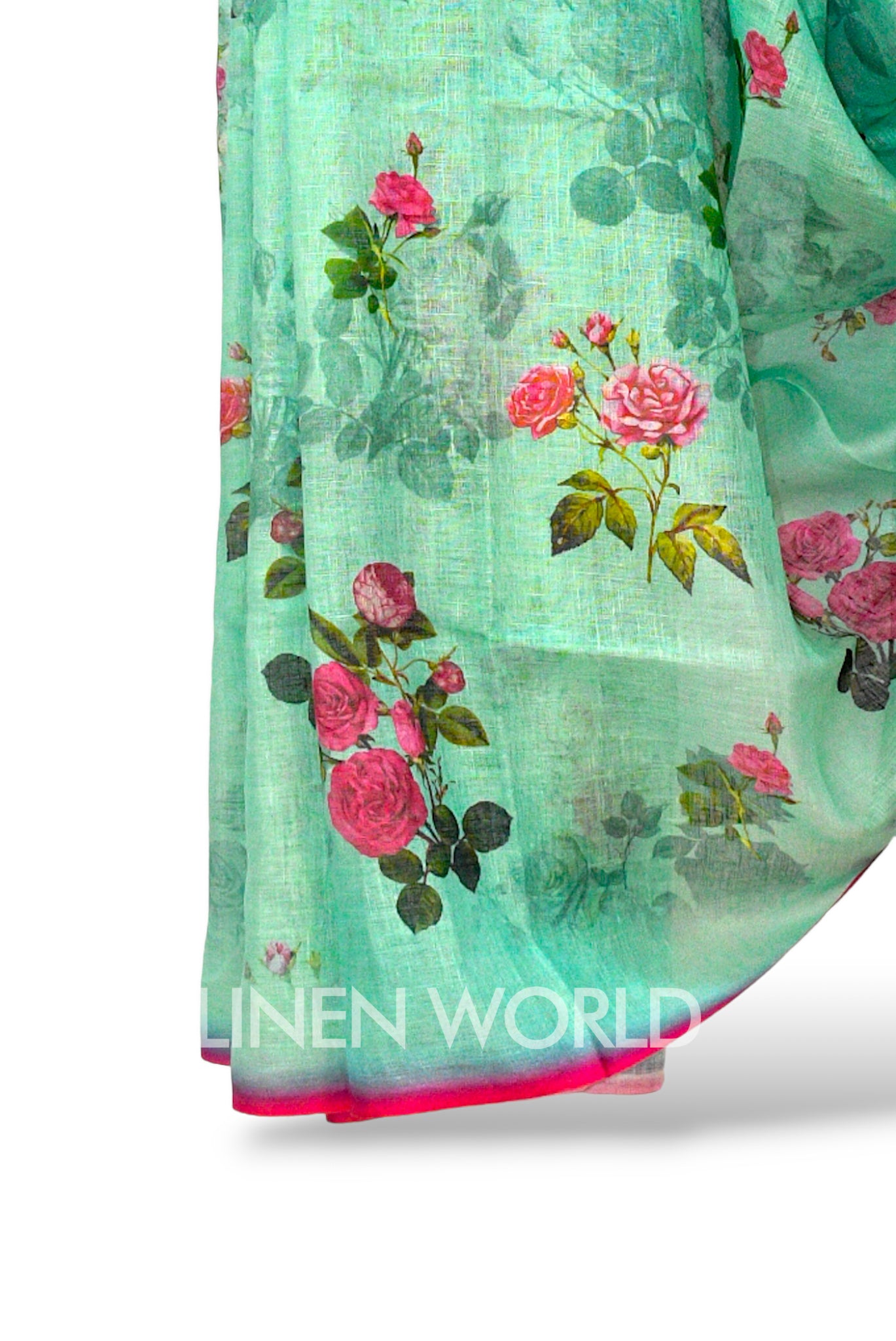 fariah: green digital printed pure linen sari - linenworldonline.in