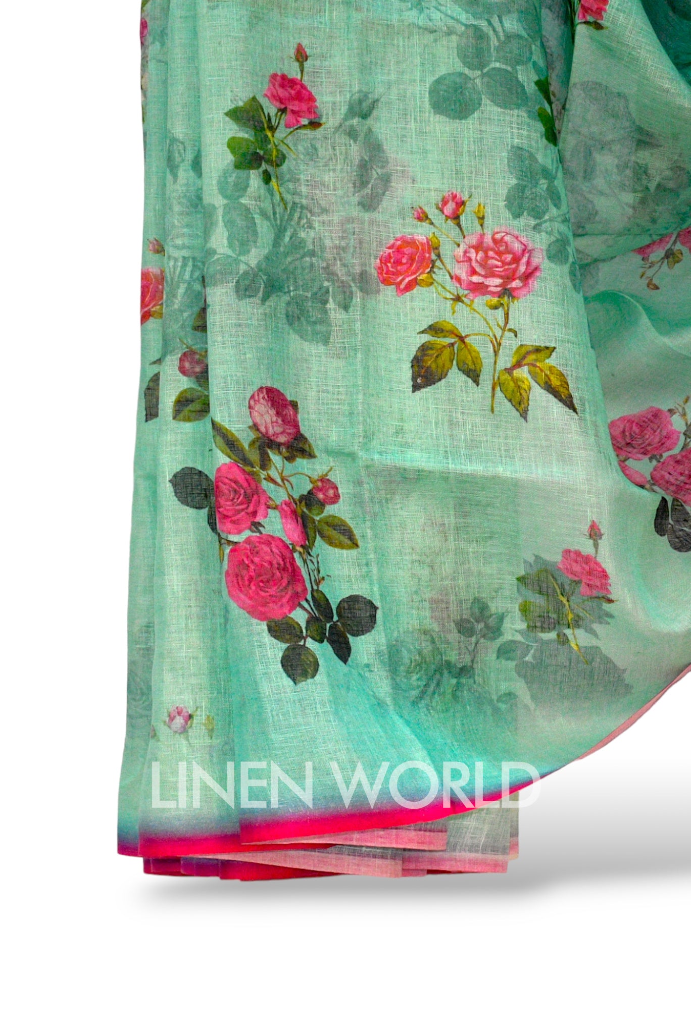 fariah: green digital printed pure linen sari - linenworldonline.in