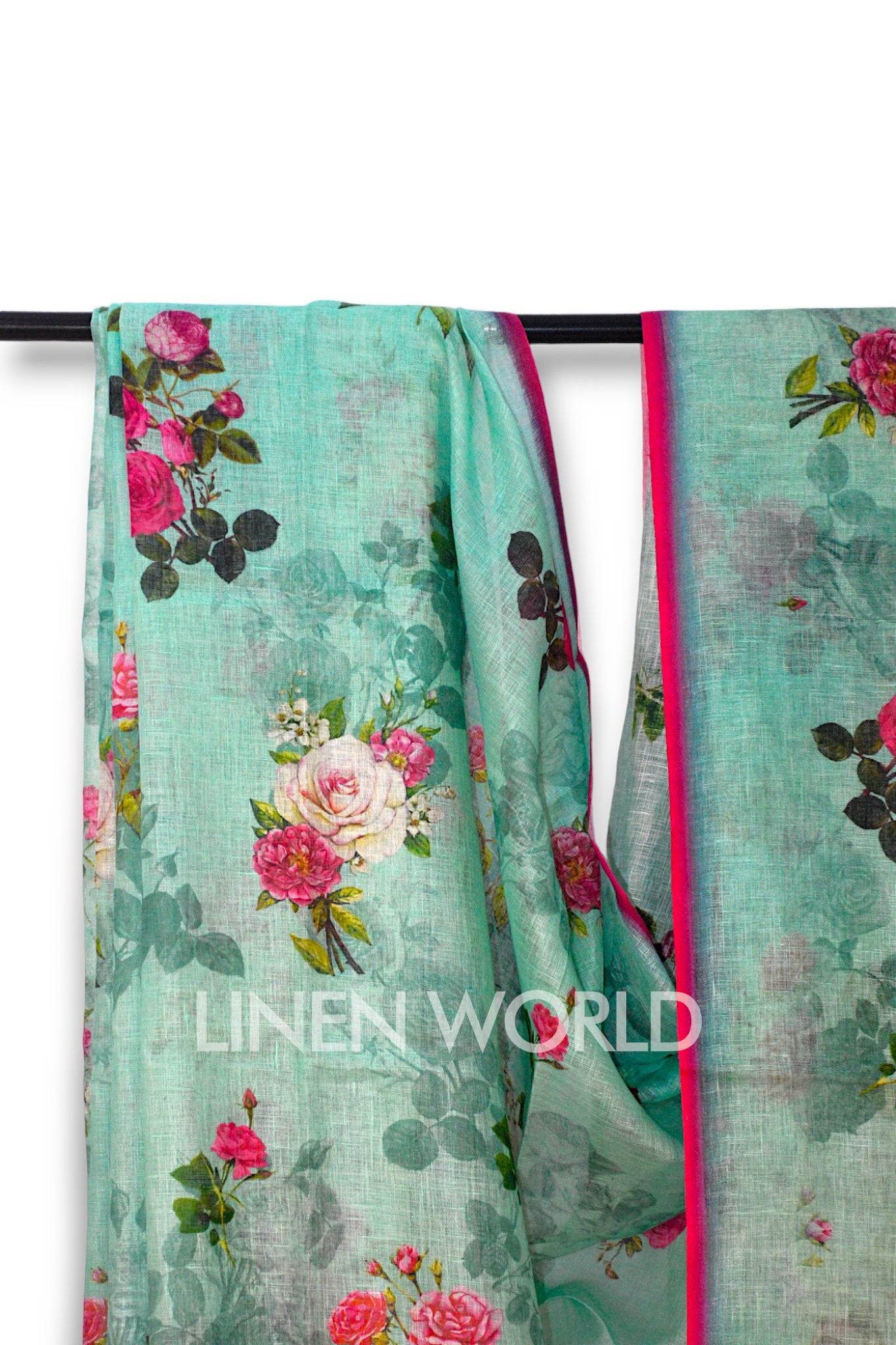 fariah: green digital printed pure linen sari - linenworldonline.in