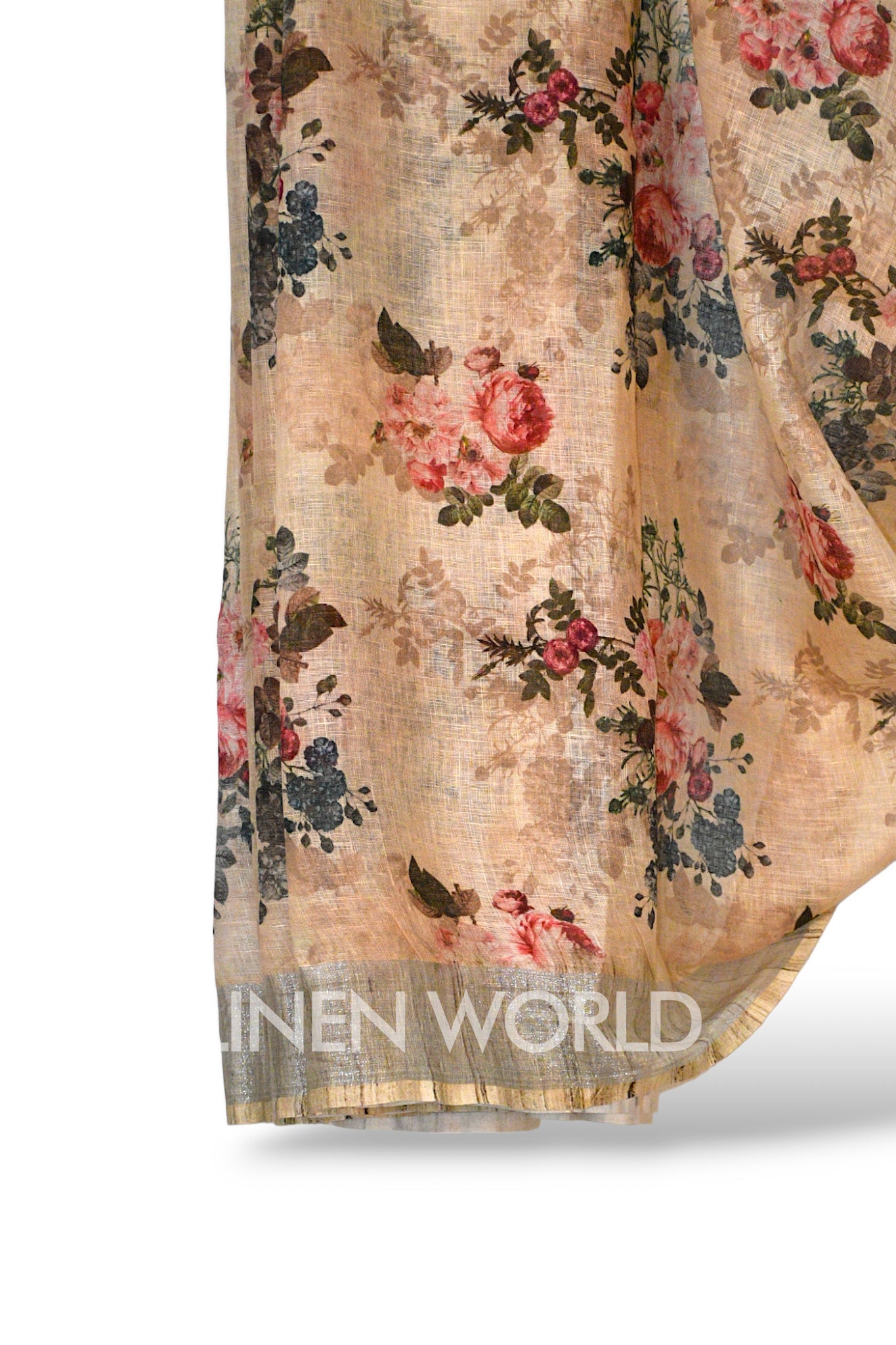 aaliyah: beige digital printed pure linen sari - linenworldonline.in