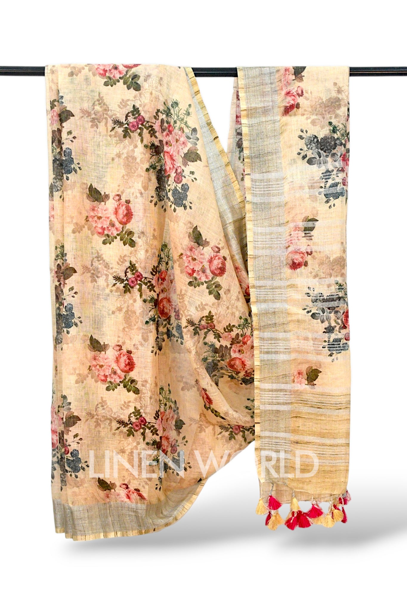 aaliyah: beige digital printed pure linen sari - linenworldonline.in