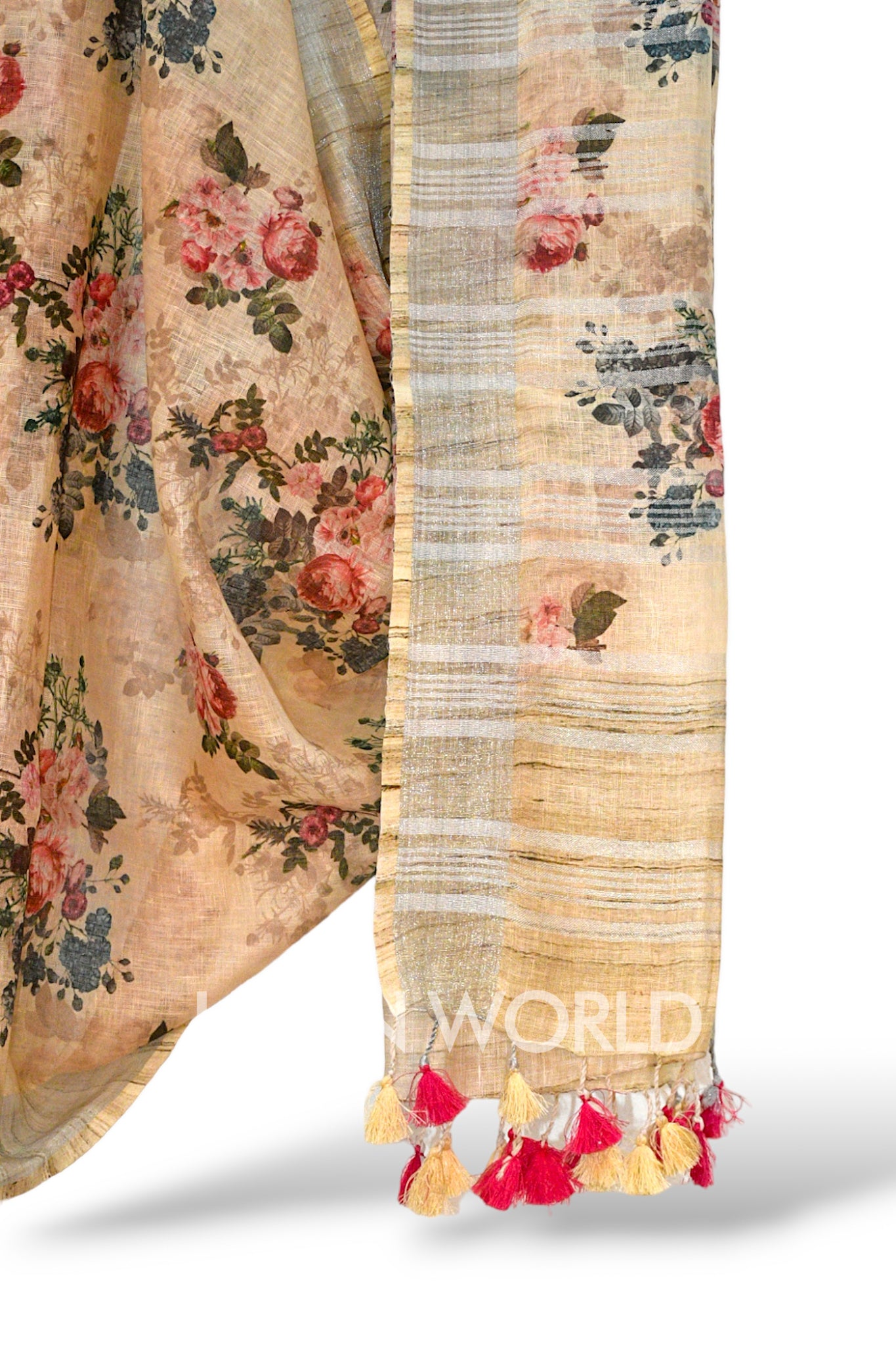 aaliyah: beige digital printed pure linen sari - linenworldonline.in