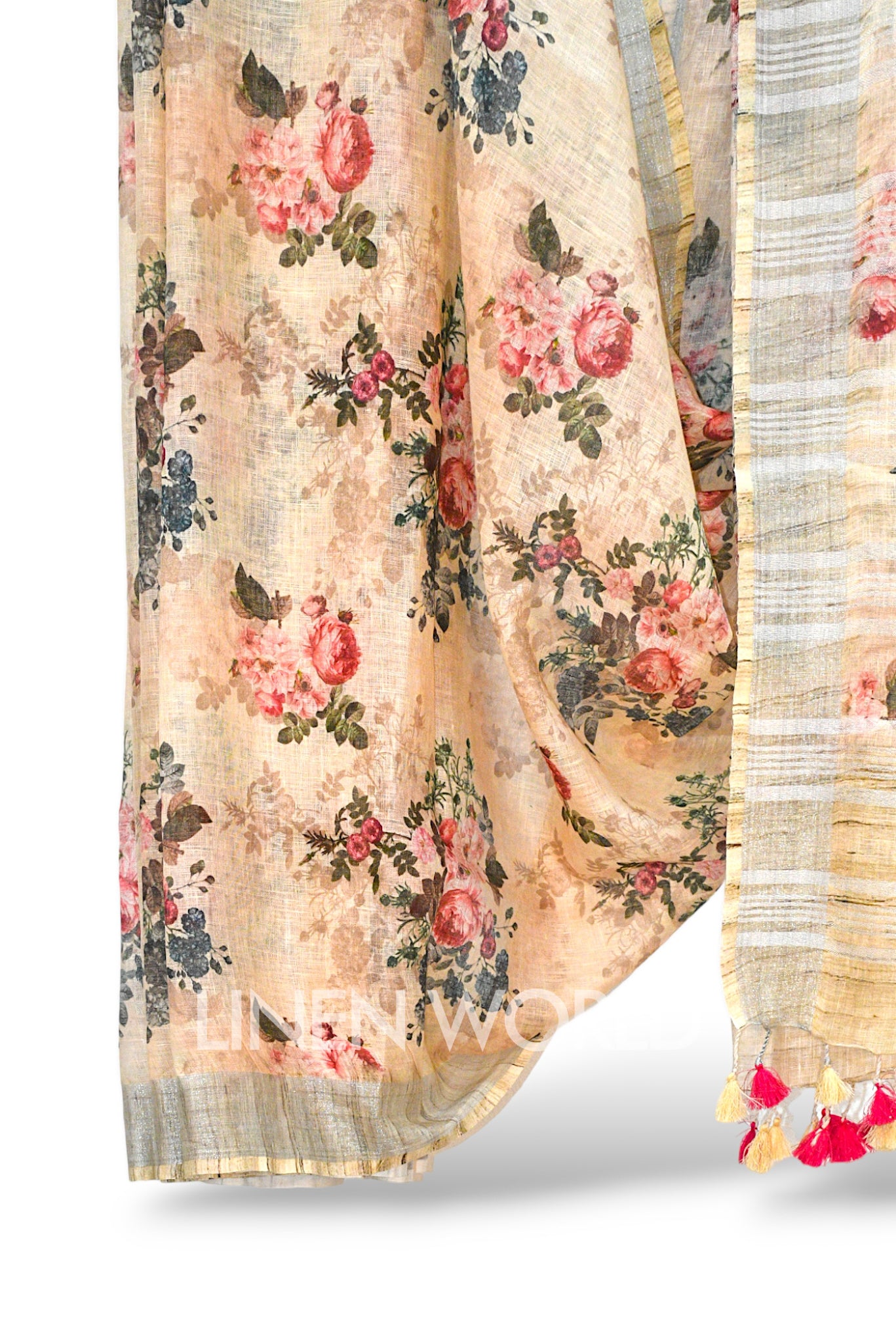 aaliyah: beige digital printed pure linen sari - linenworldonline.in