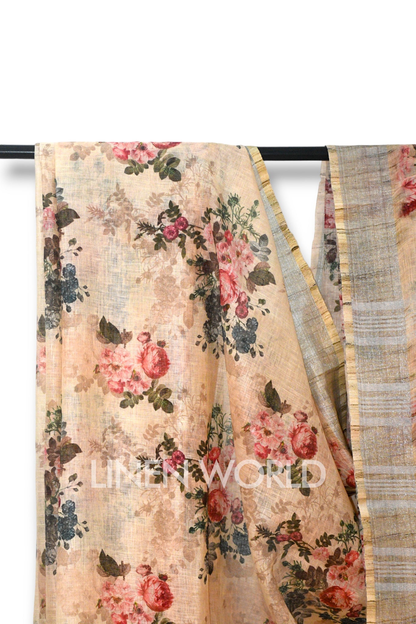 aaliyah: beige digital printed pure linen sari - linenworldonline.in