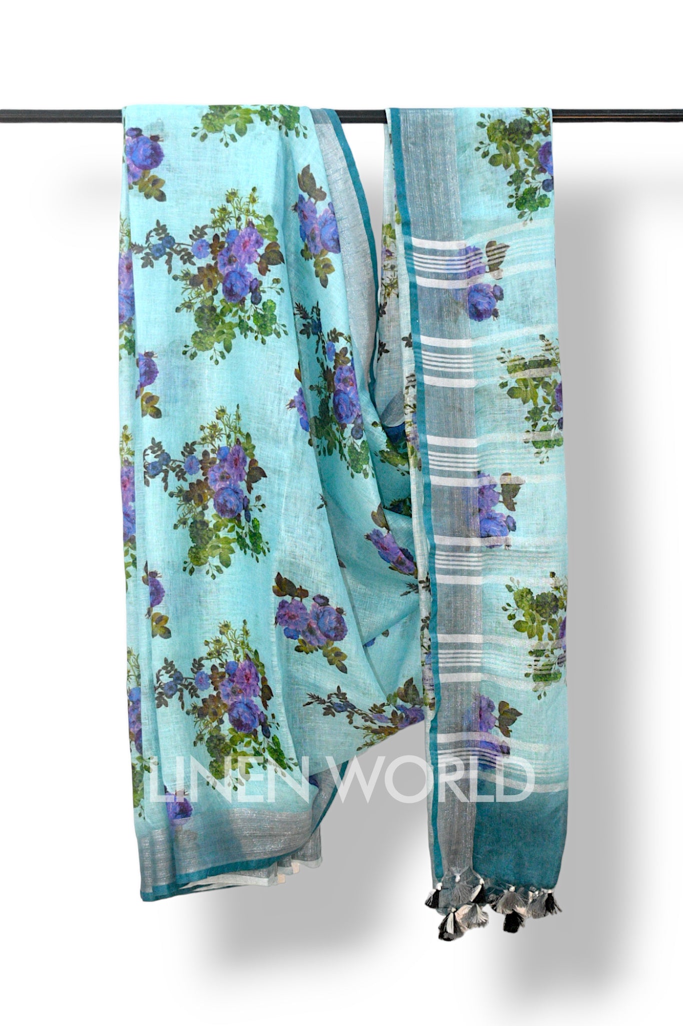 aaira blue digital printed pure linen saree - linenworldonline.in