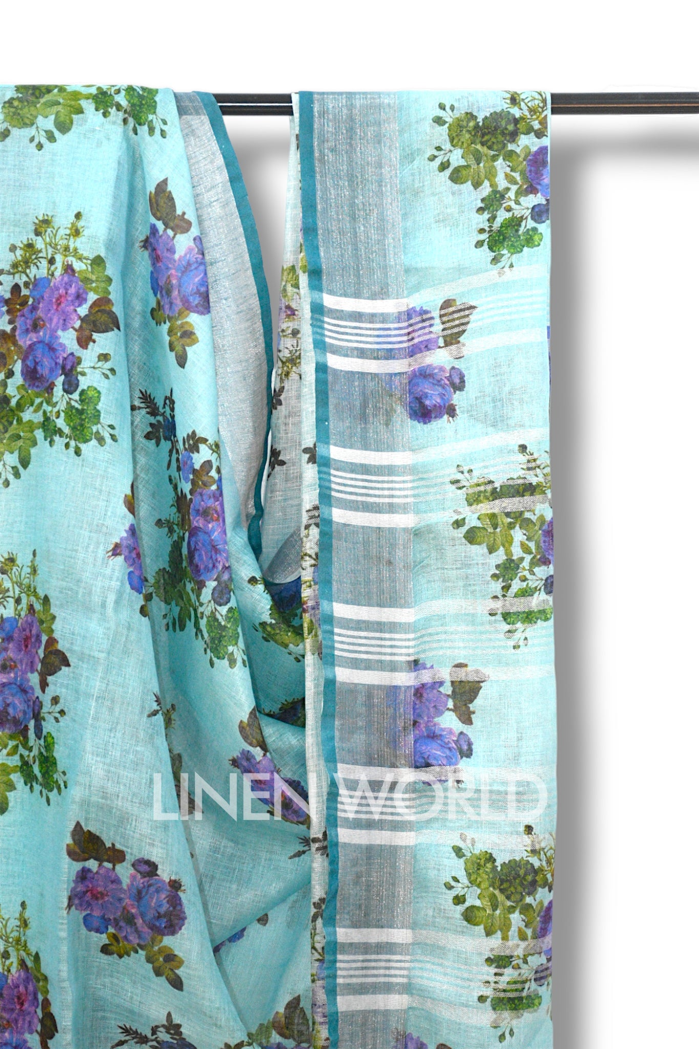 aaira blue digital printed pure linen saree - linenworldonline.in