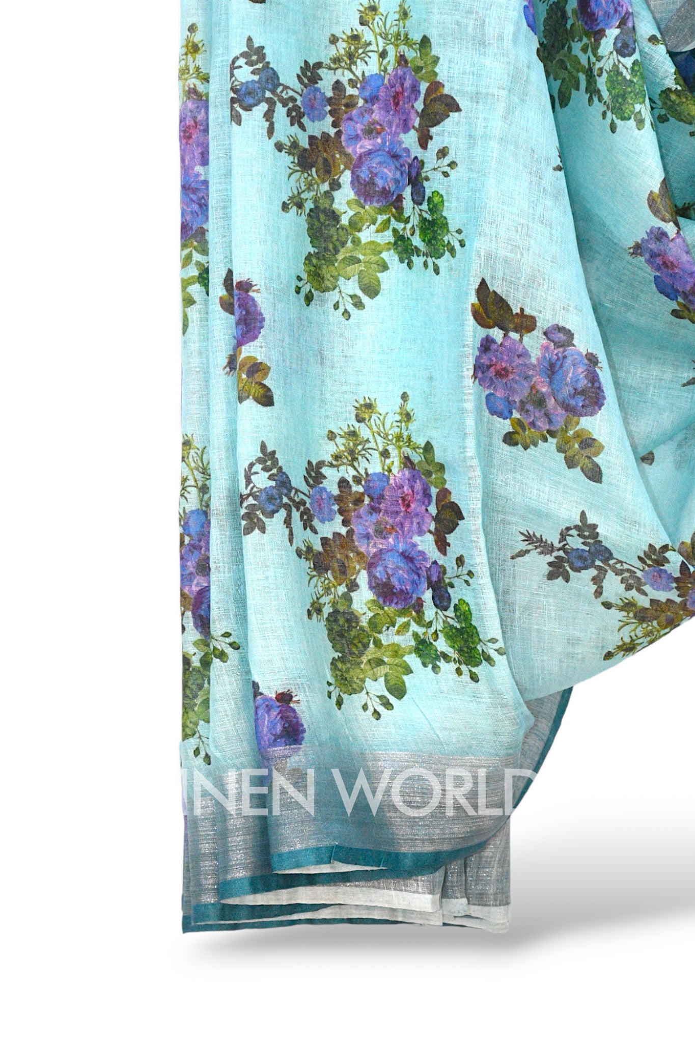 aaira blue digital printed pure linen saree - linenworldonline.in