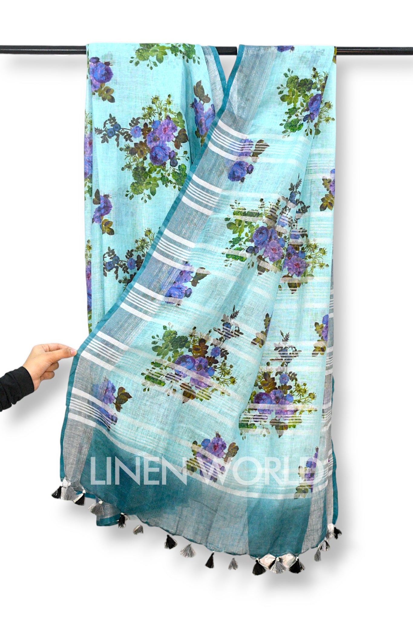 aaira blue digital printed pure linen saree - linenworldonline.in