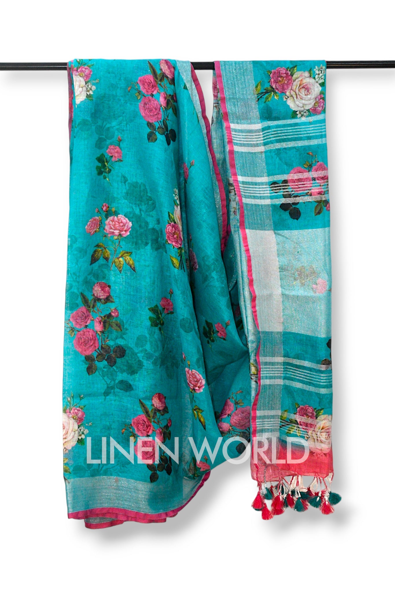 humaira blue digital printed pure linen saree - linenworldonline.in