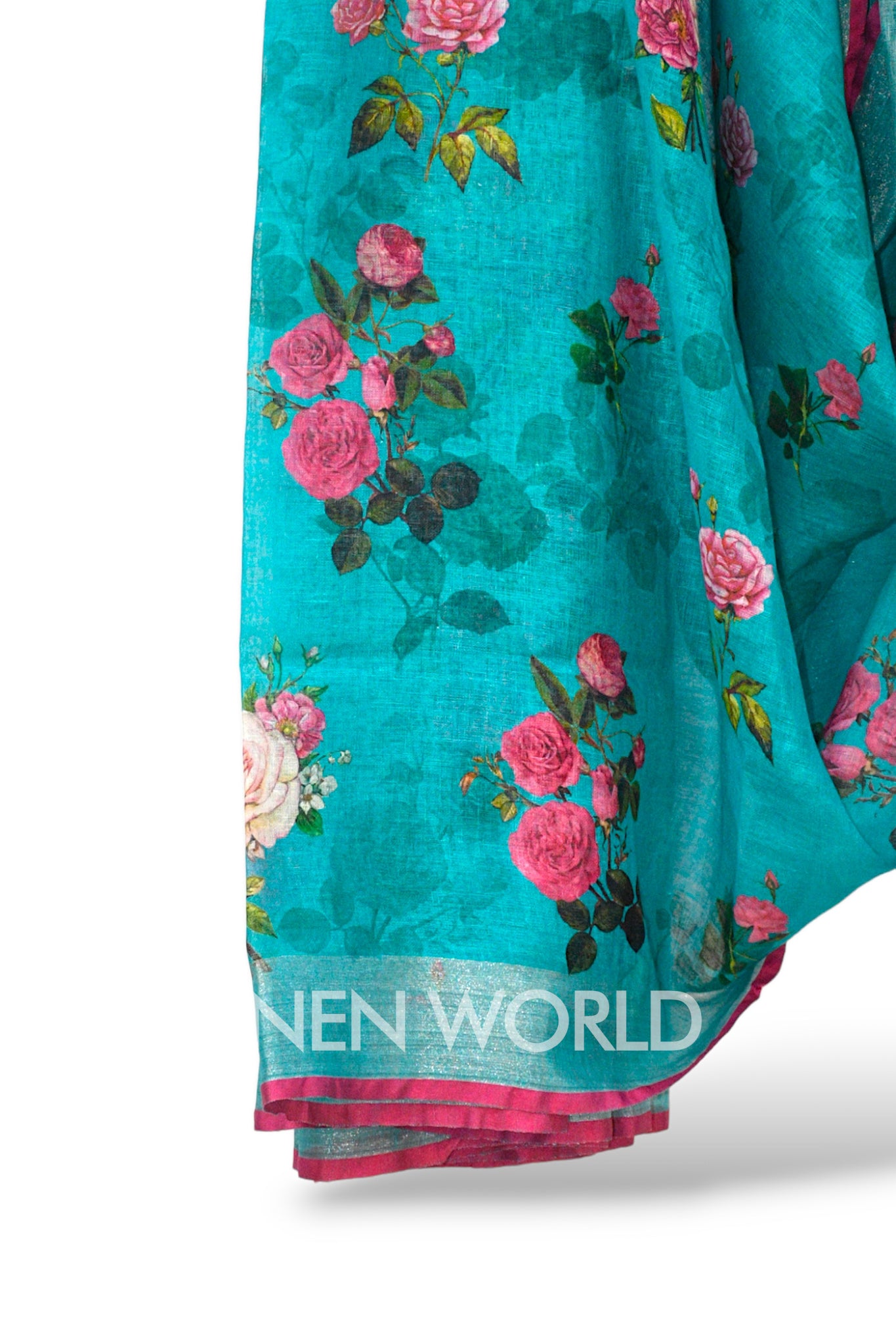 humaira blue digital printed pure linen saree - linenworldonline.in