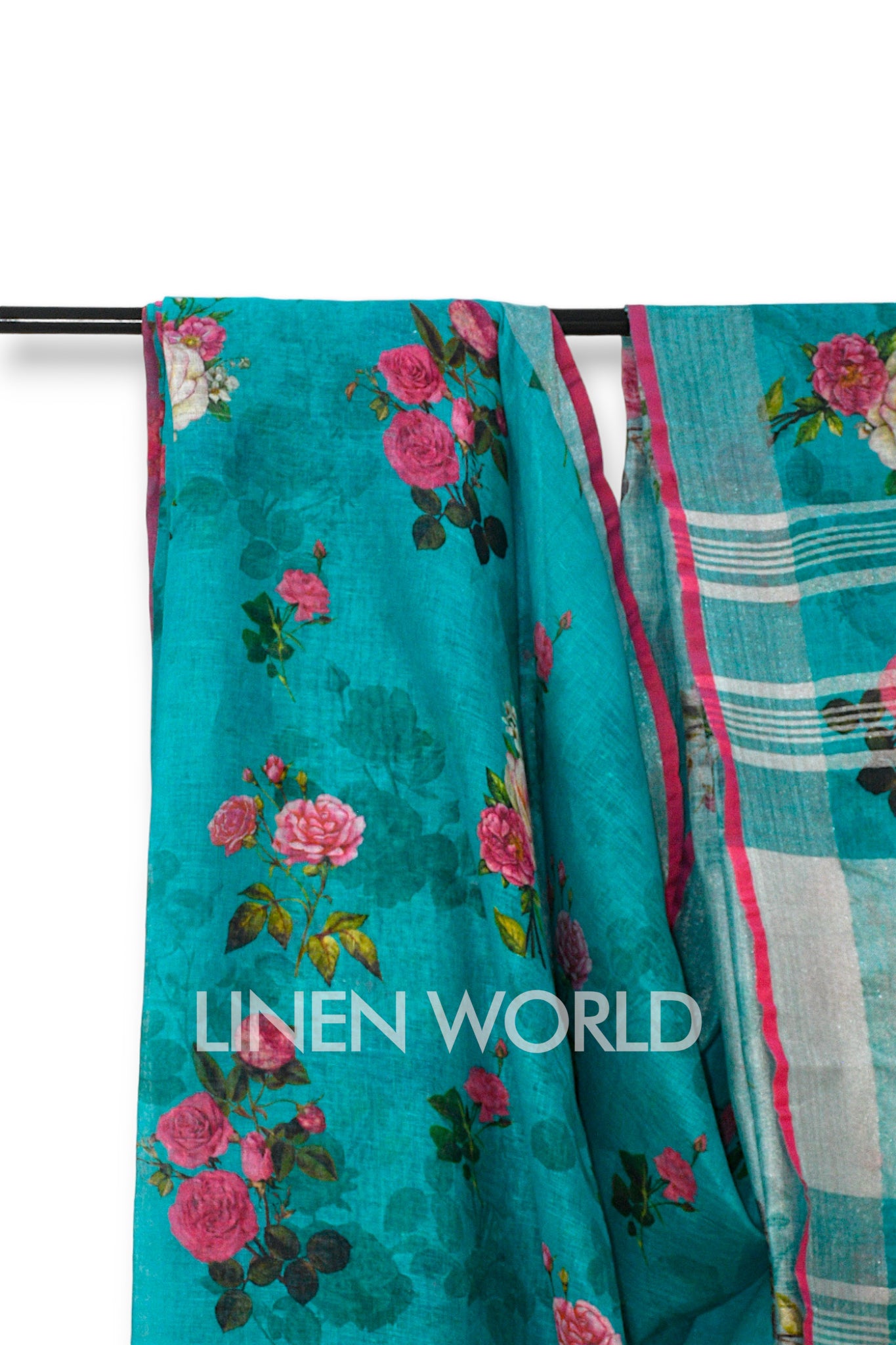 humaira blue digital printed pure linen saree - linenworldonline.in