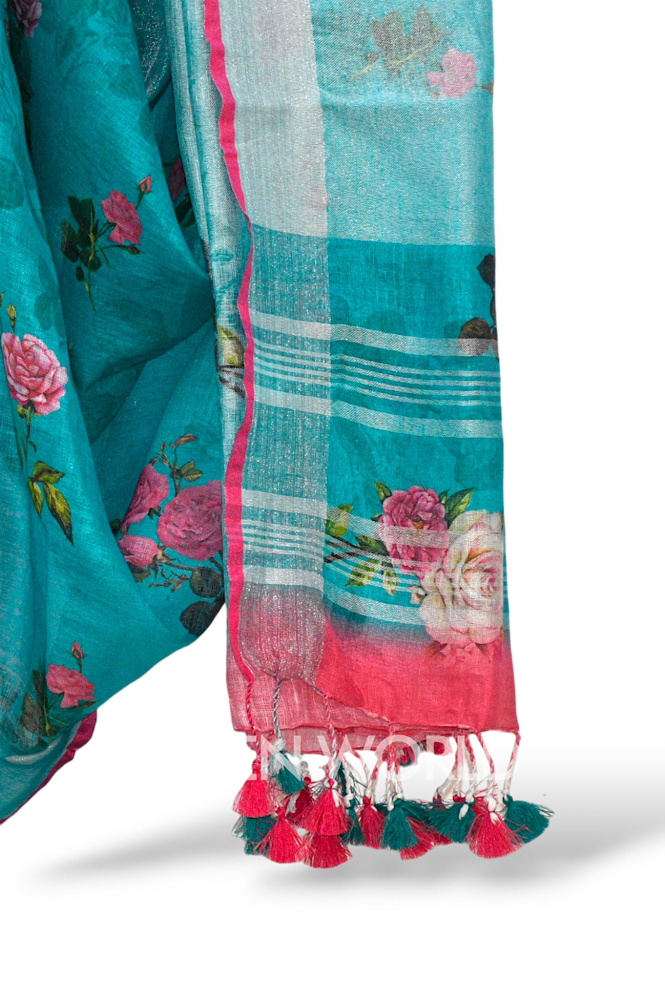 humaira blue digital printed pure linen saree - linenworldonline.in