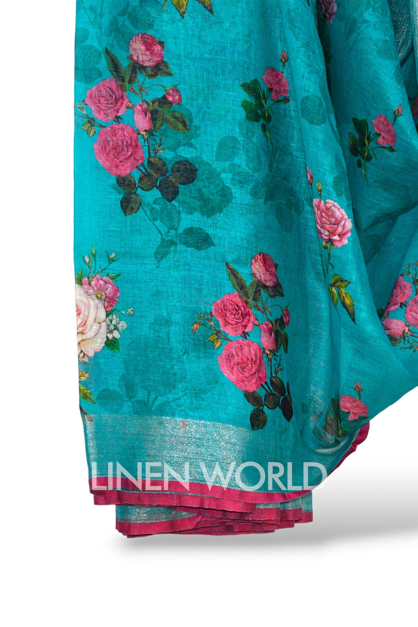 humaira blue digital printed pure linen saree - linenworldonline.in