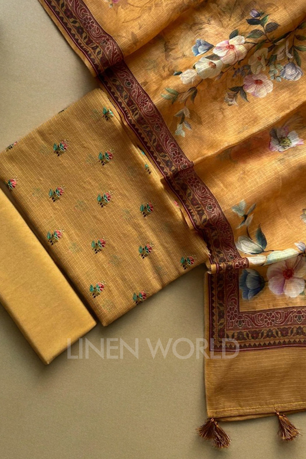 mustard kota silk embroidery and printed suit set - linenworldonline.in