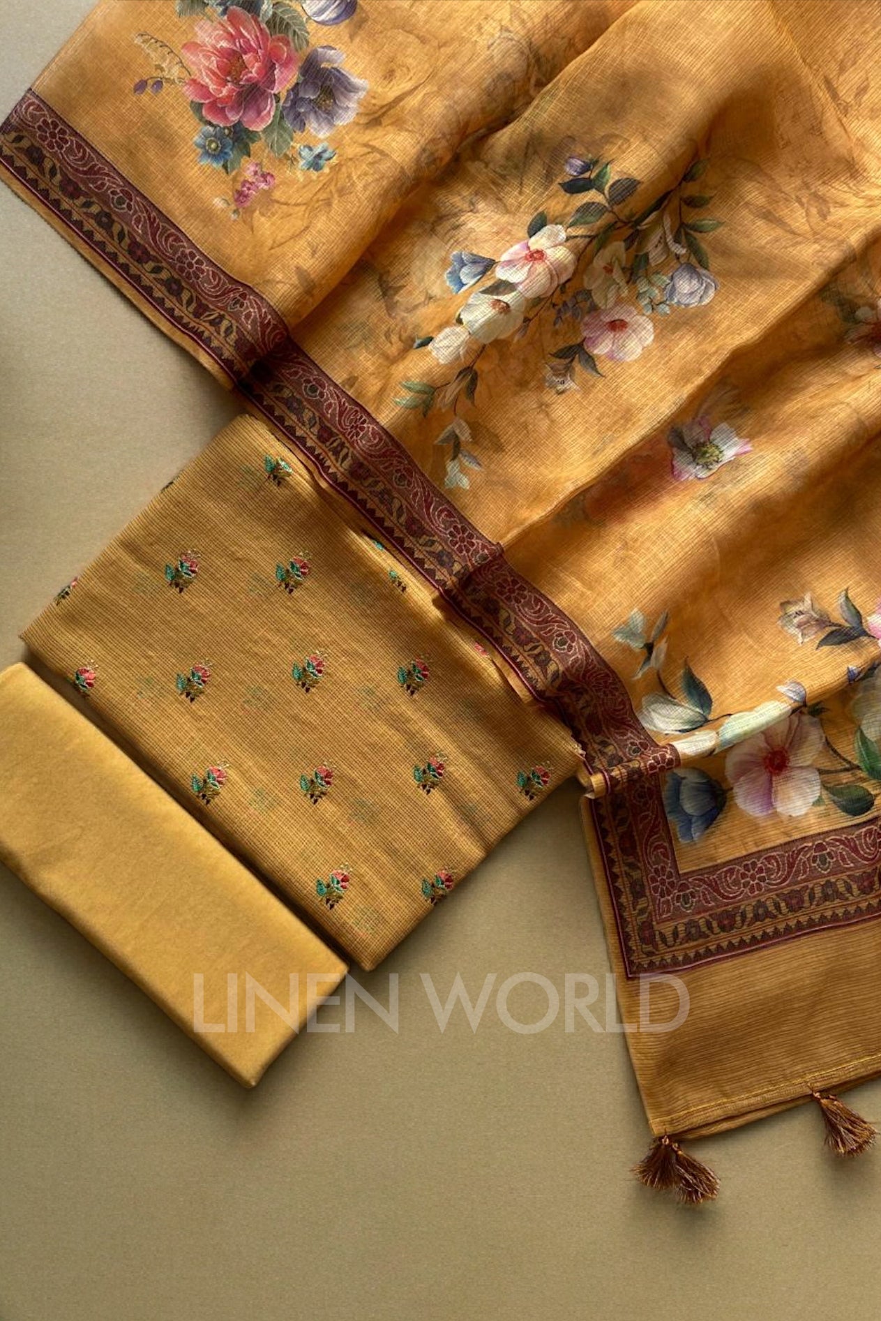 mustard kota silk embroidery and printed suit set - linenworldonline.in