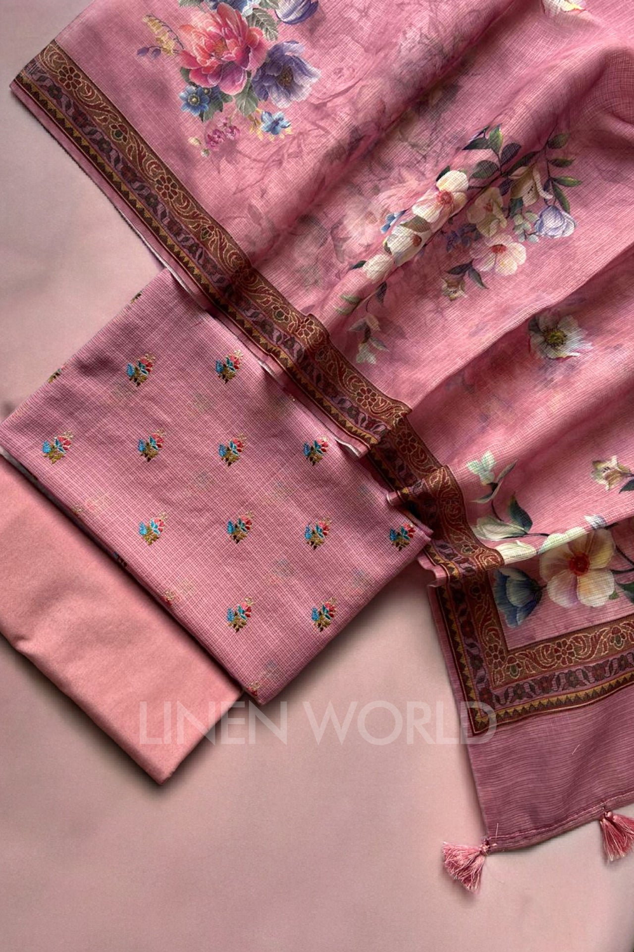 pink kota silk embroidery and printed suit set - linenworldonline.in