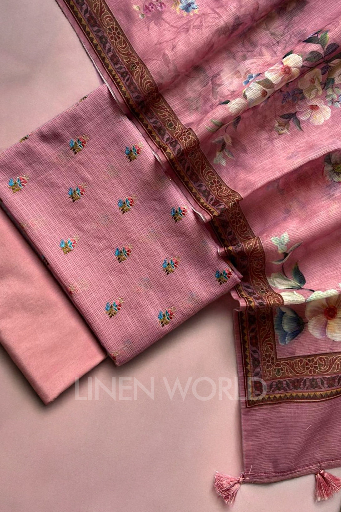 pink kota silk embroidery and printed suit set - linenworldonline.in