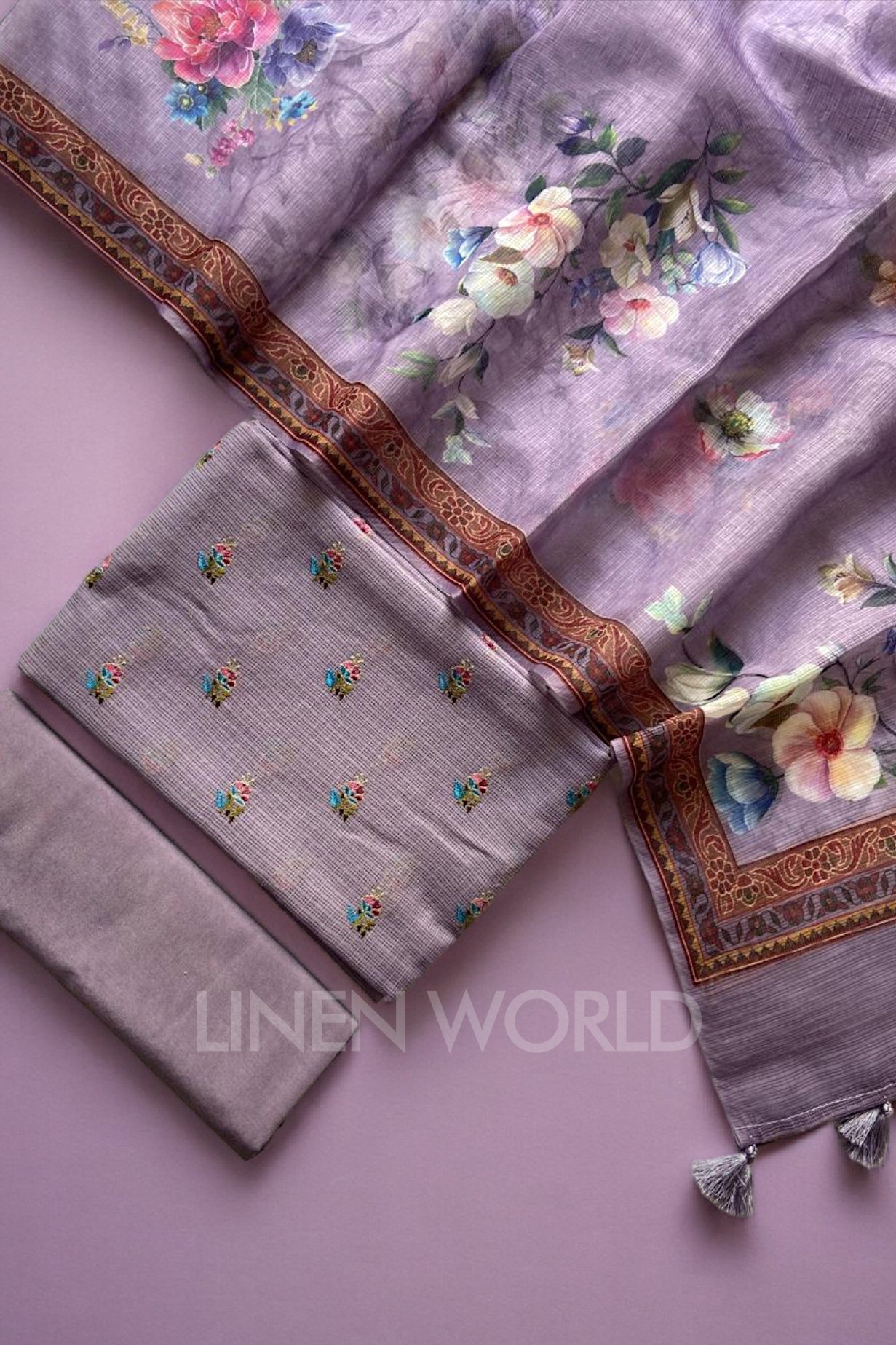 lavender kota silk embroidery and printed suit set - linenworldonline.in