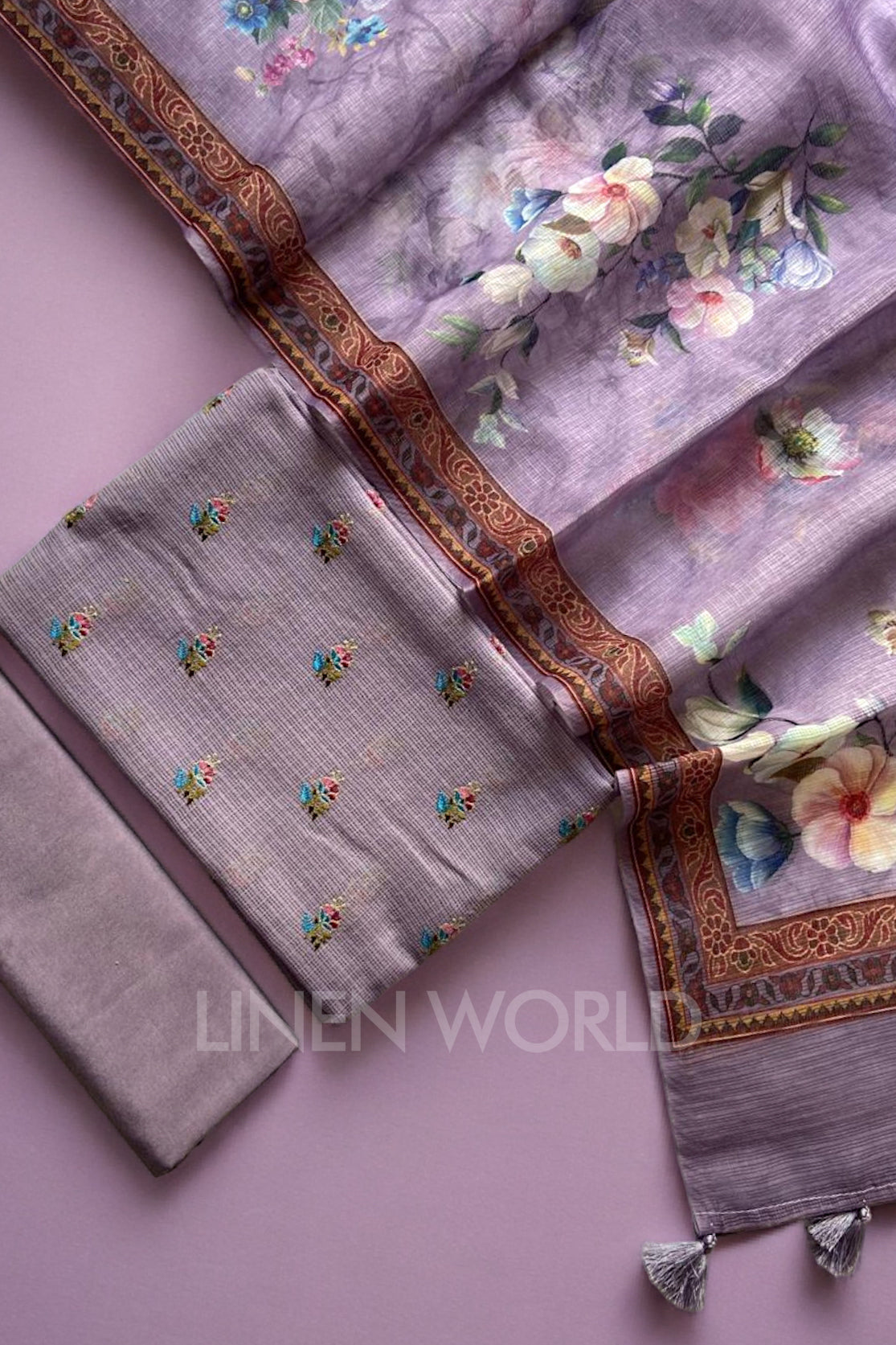 lavender kota silk embroidery and printed suit set - linenworldonline.in