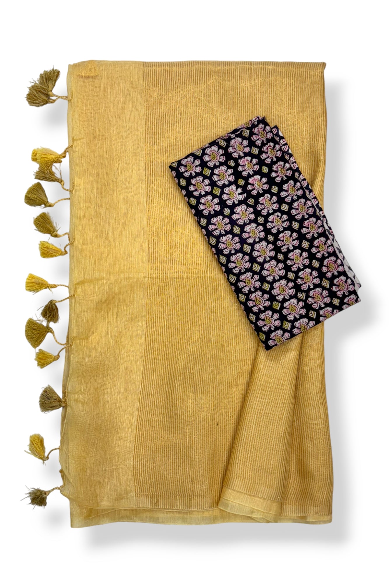 yellow silk linen saree with printed blouse piece - linenworldonline.in