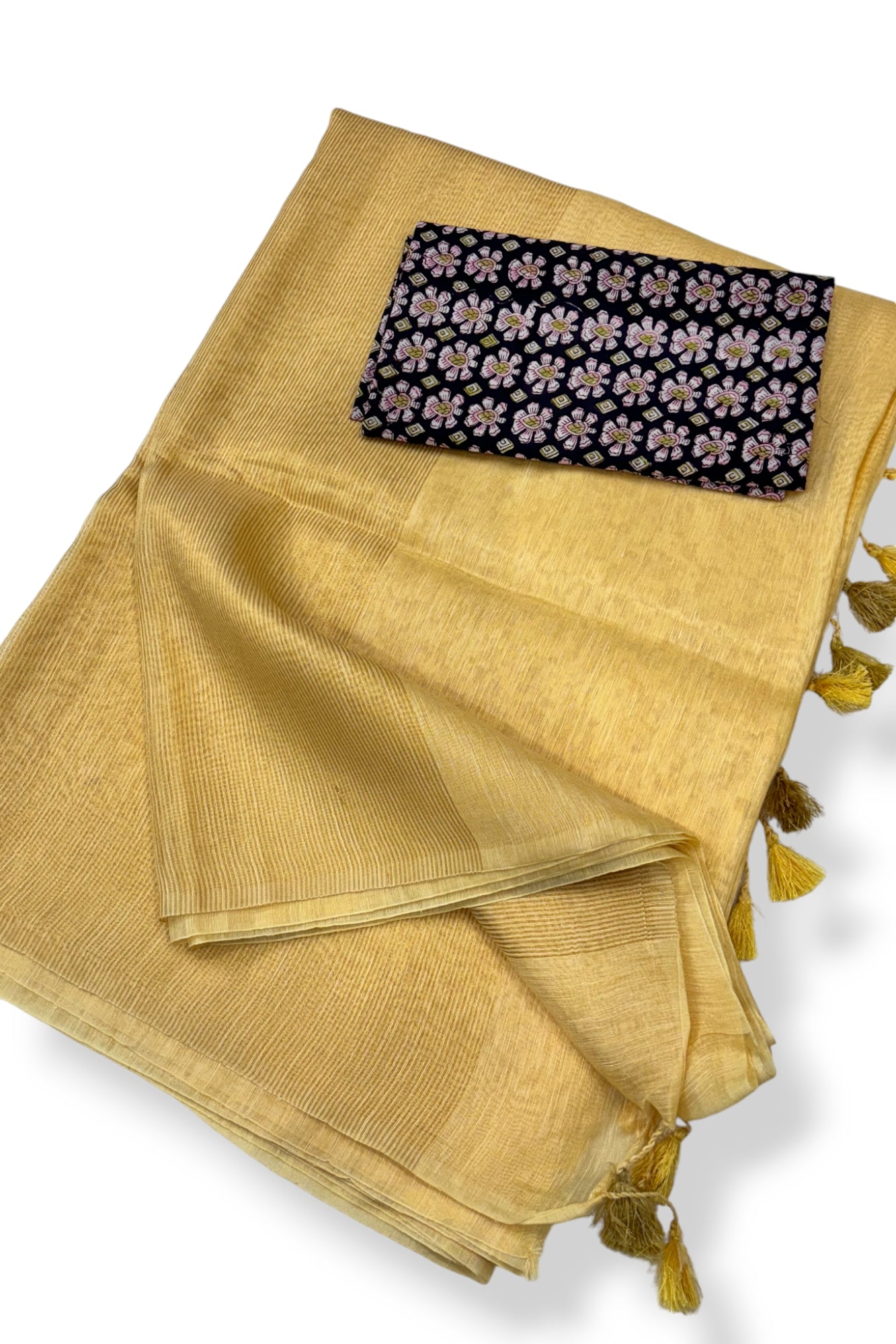 yellow silk linen saree with printed blouse piece - linenworldonline.in