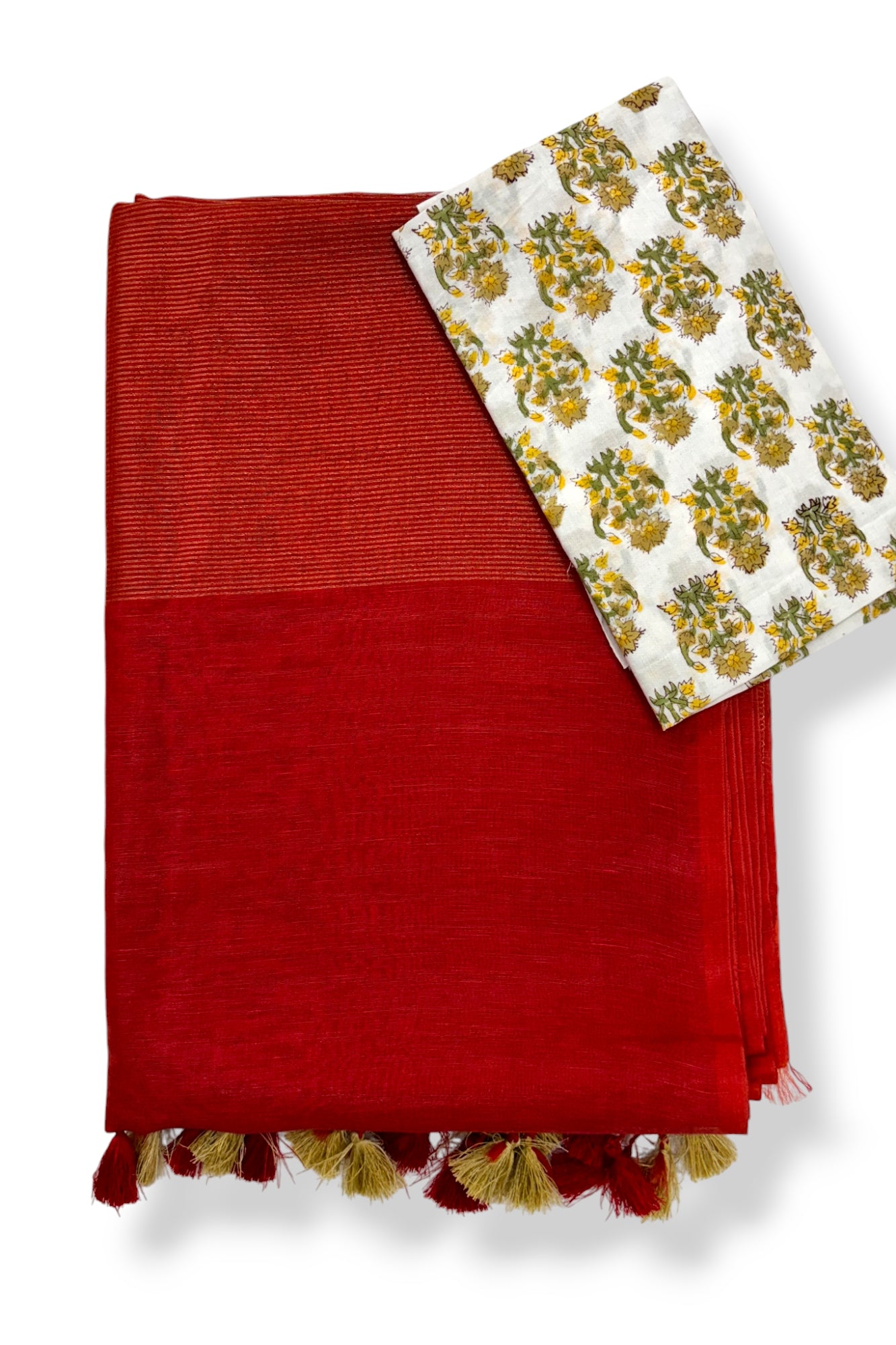 red silk linen saree with printed blouse piece - linenworldonline.in