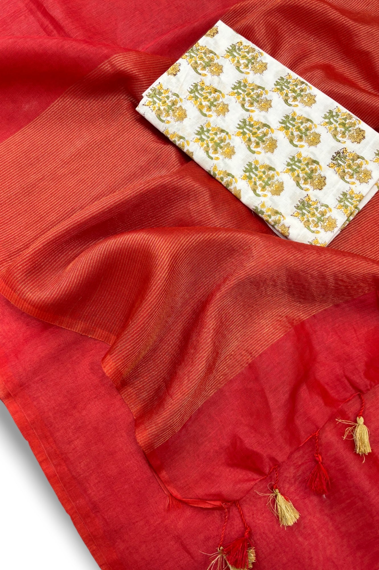 red silk linen saree with printed blouse piece - linenworldonline.in