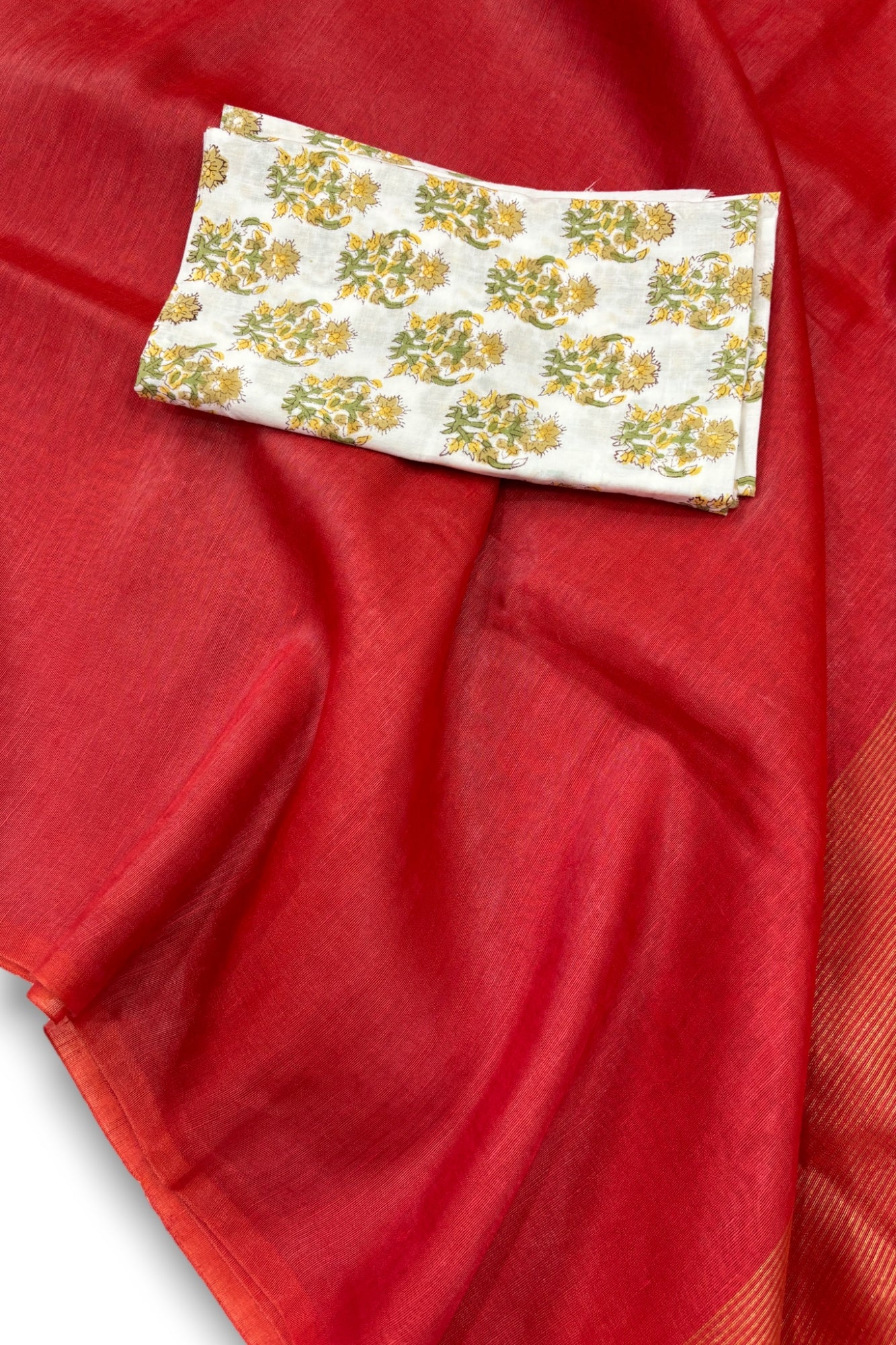 red silk linen saree with printed blouse piece - linenworldonline.in