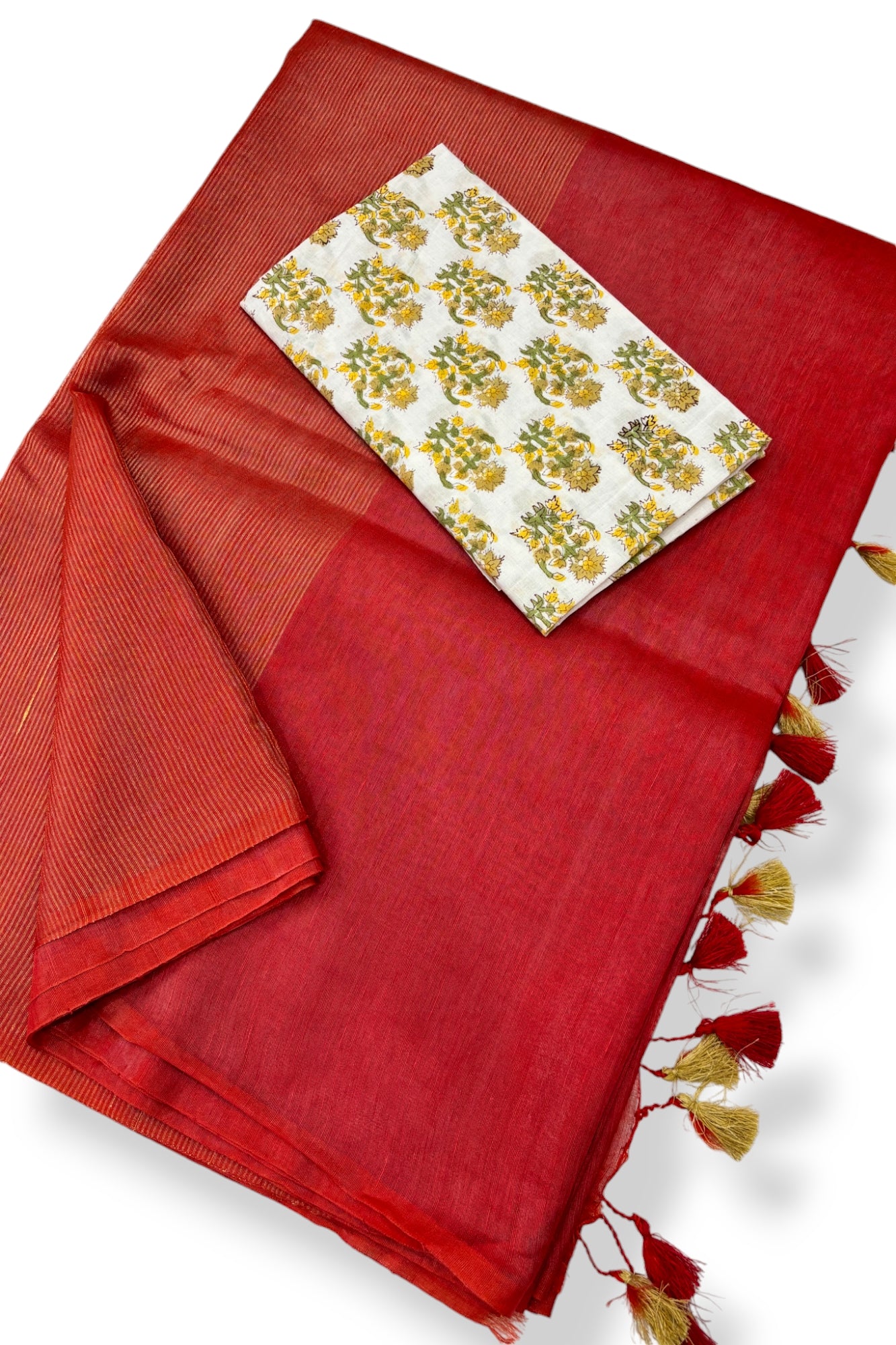 red silk linen saree with printed blouse piece - linenworldonline.in