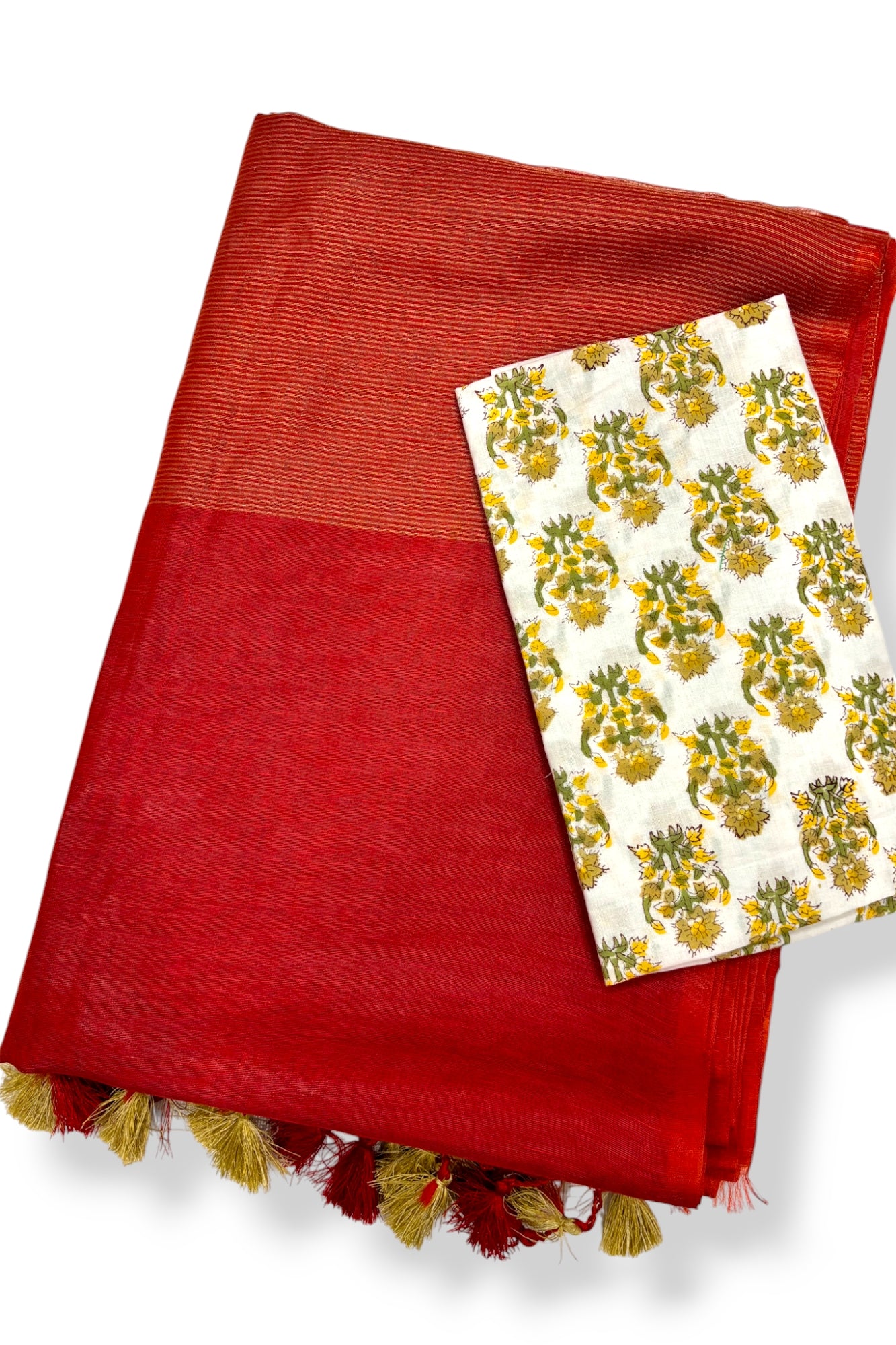 red silk linen saree with printed blouse piece - linenworldonline.in