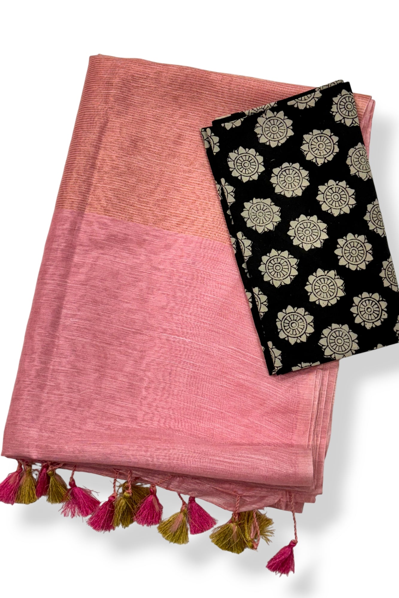 peach silk linen saree with printed blouse piece - linenworldonline.in