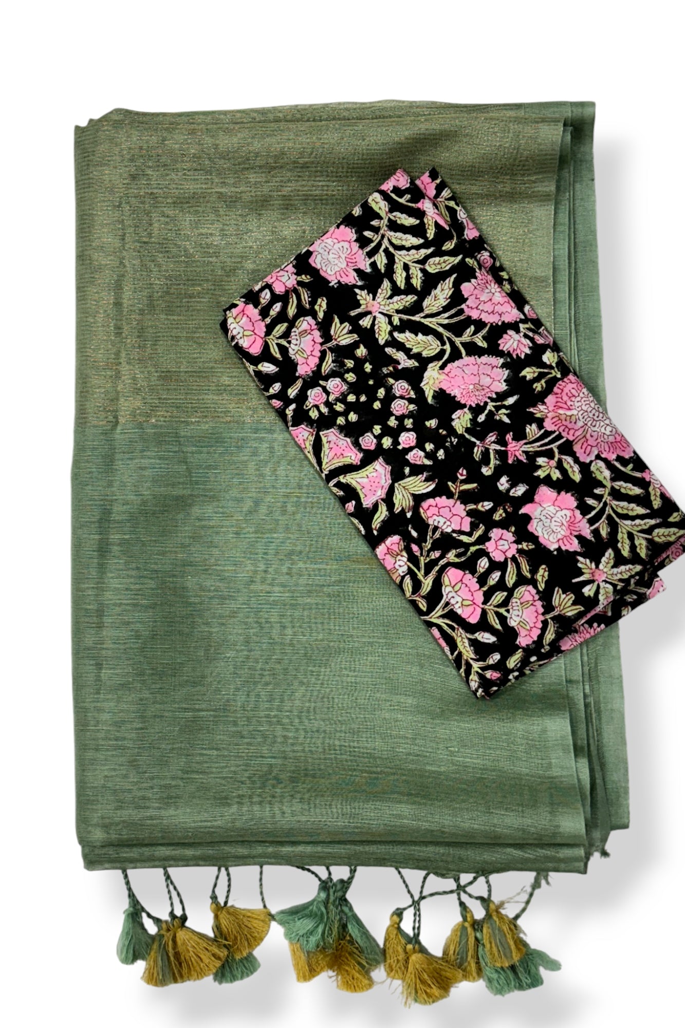 olive green silk linen saree with printed blouse piece - linenworldonline.in